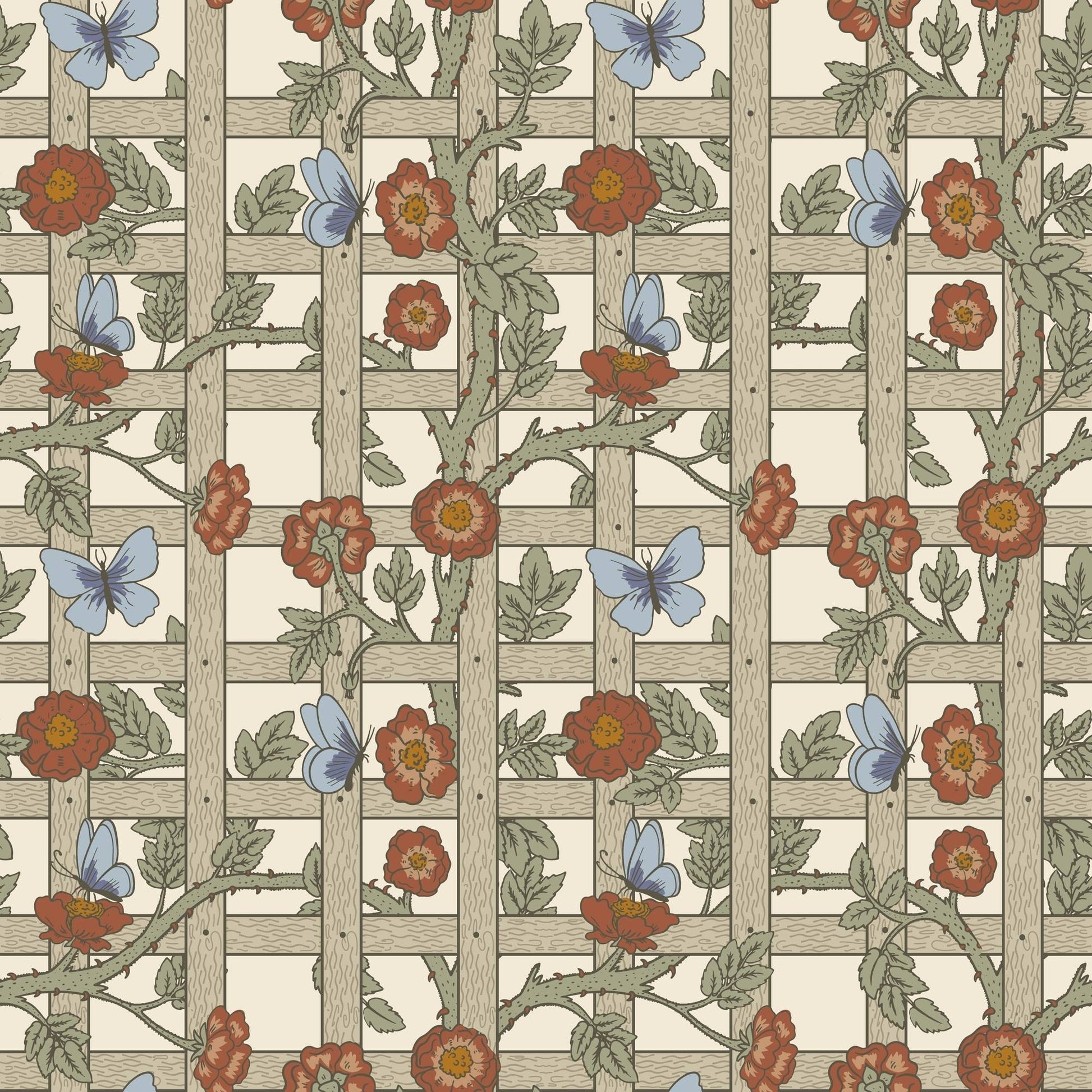 Decorative pattern with flowers and butterflies on a lattice background