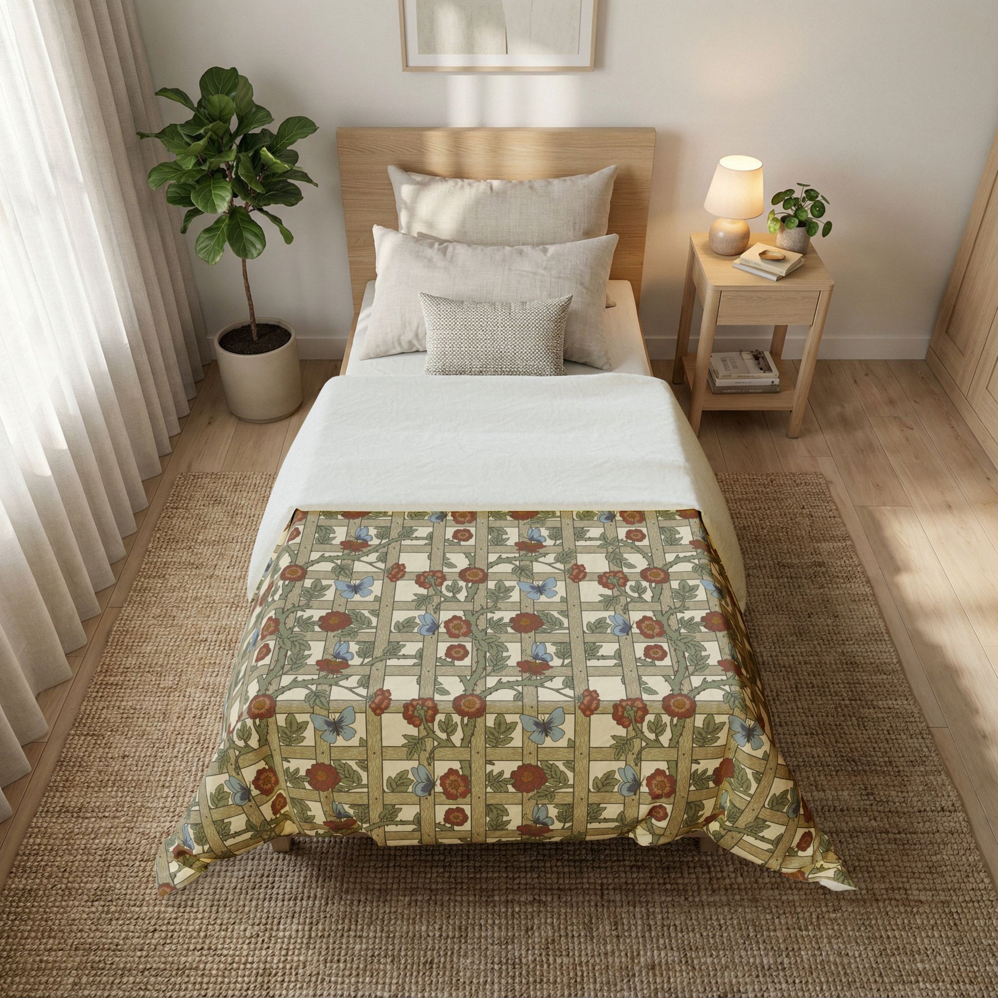 Bedroom with floral-patterned bedspread, nightstand, and plant