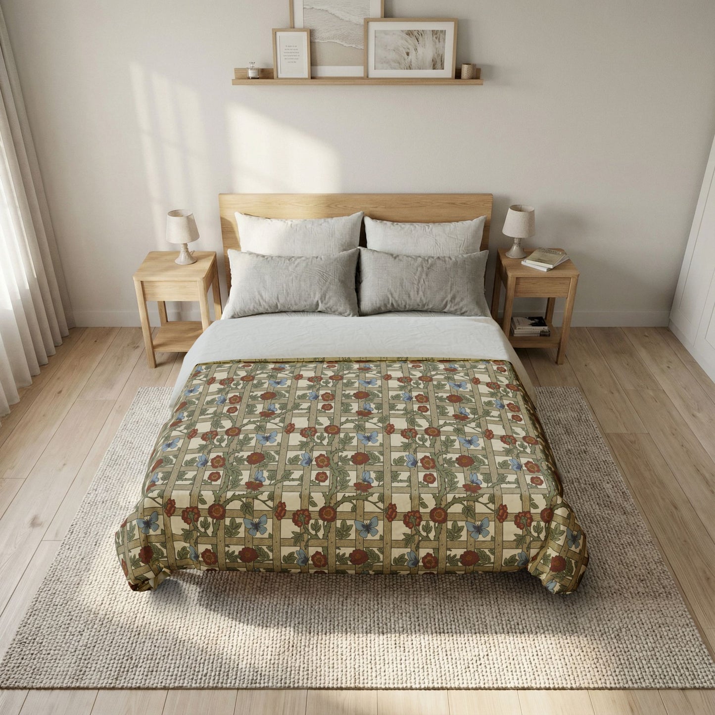 Bedroom with a bed featuring a floral patterned comforter, two nightstands, and framed pictures on the wall.