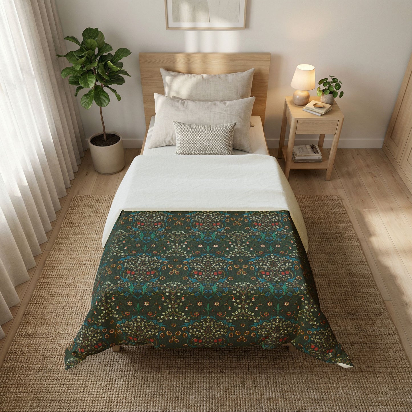 Bedroom with floral-patterned comforter on a bed, nightstand, and plant.