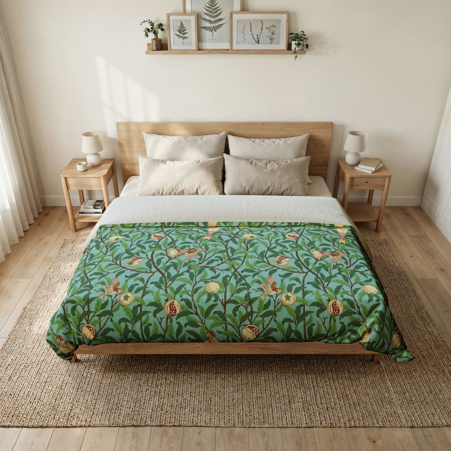 Bedroom with a bed featuring a green floral patterned comforter.