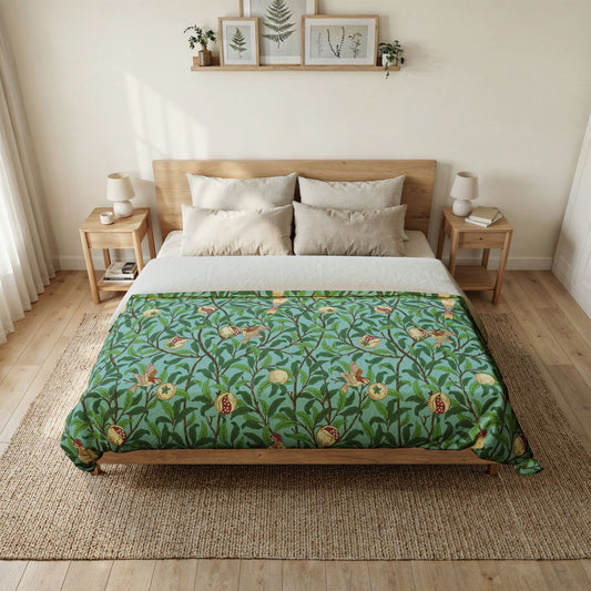 Bedroom with a bed featuring a green floral patterned comforter.
