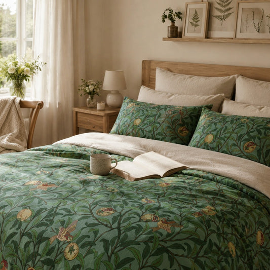 Bedroom with green patterned bedding and a book open on the bed.