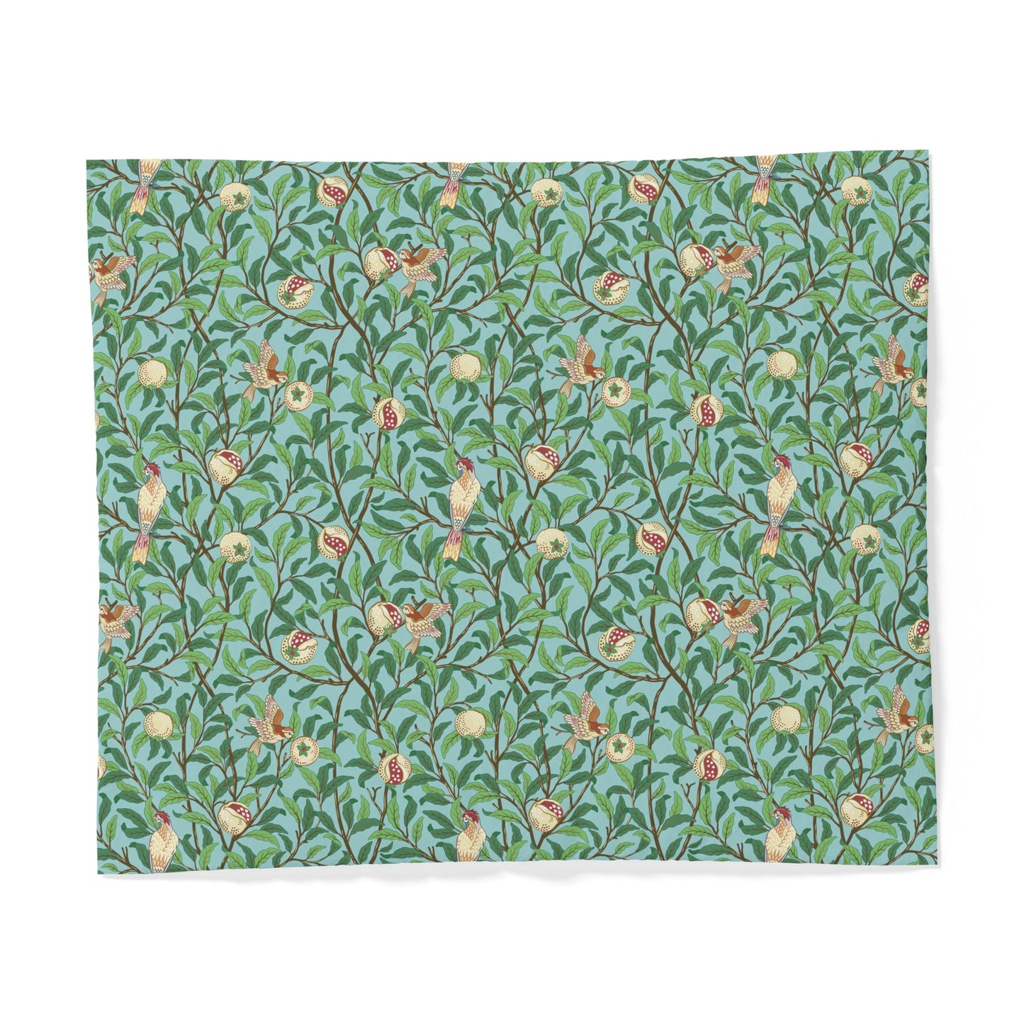 Patterned cotton fabric duvet cover with birds and flowers on a blue background