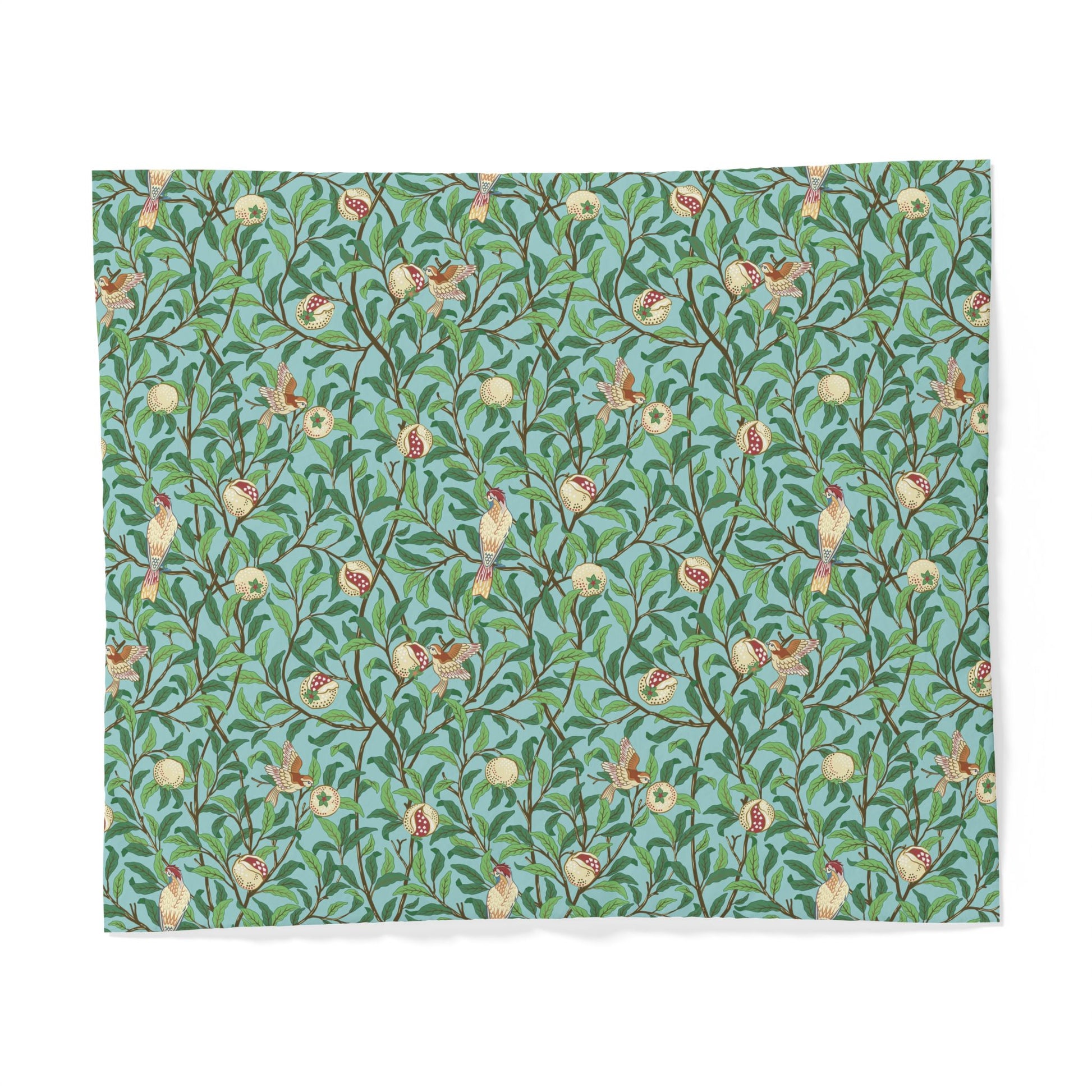 Patterned cotton fabric duvet cover with birds and flowers on a blue background