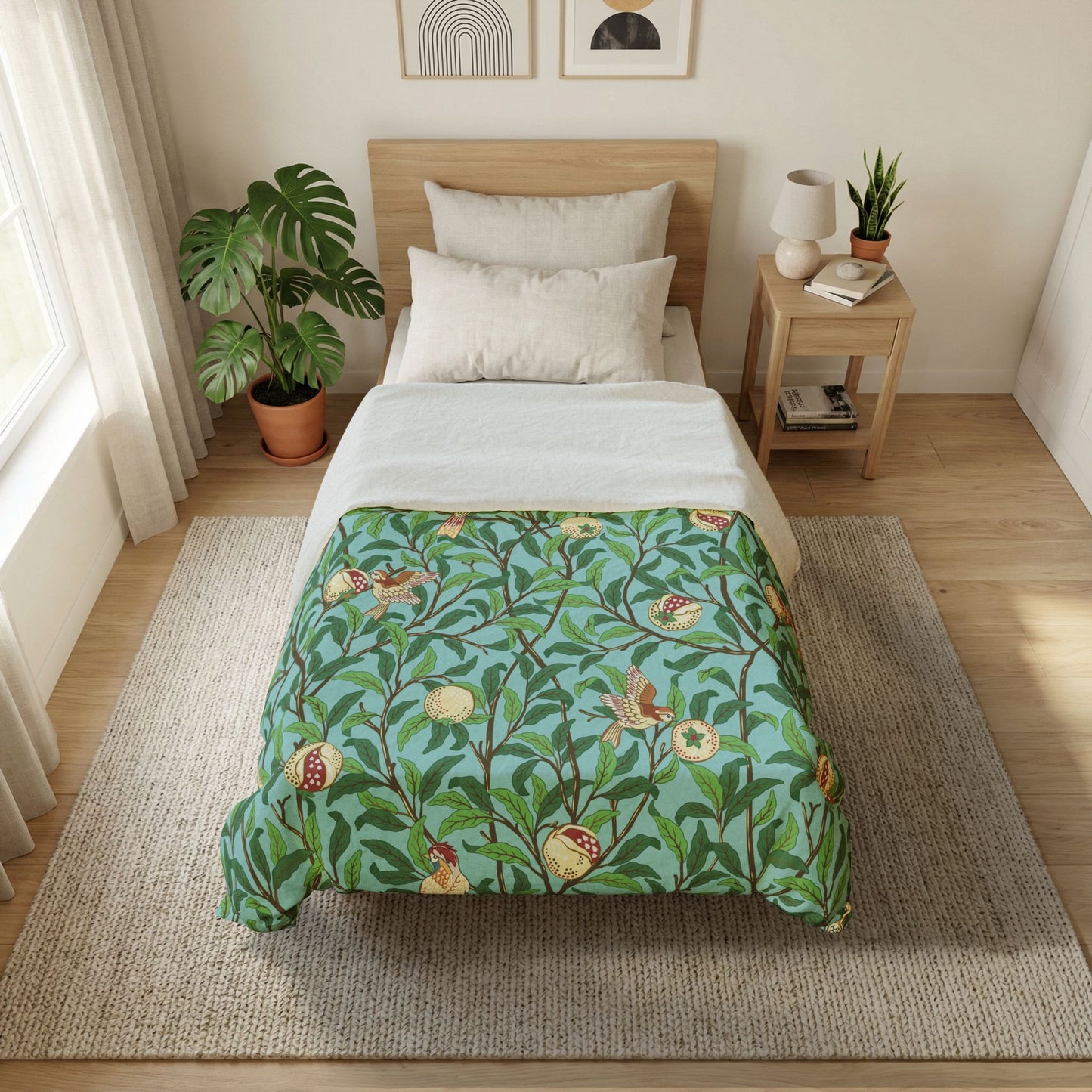Bedroom with a bed featuring a green floral patterned duvet cover.