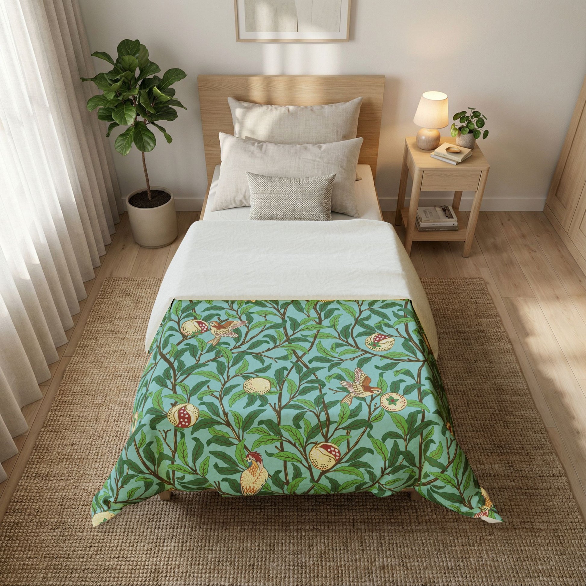 Bed with floral patterned comforter in a bright bedroom