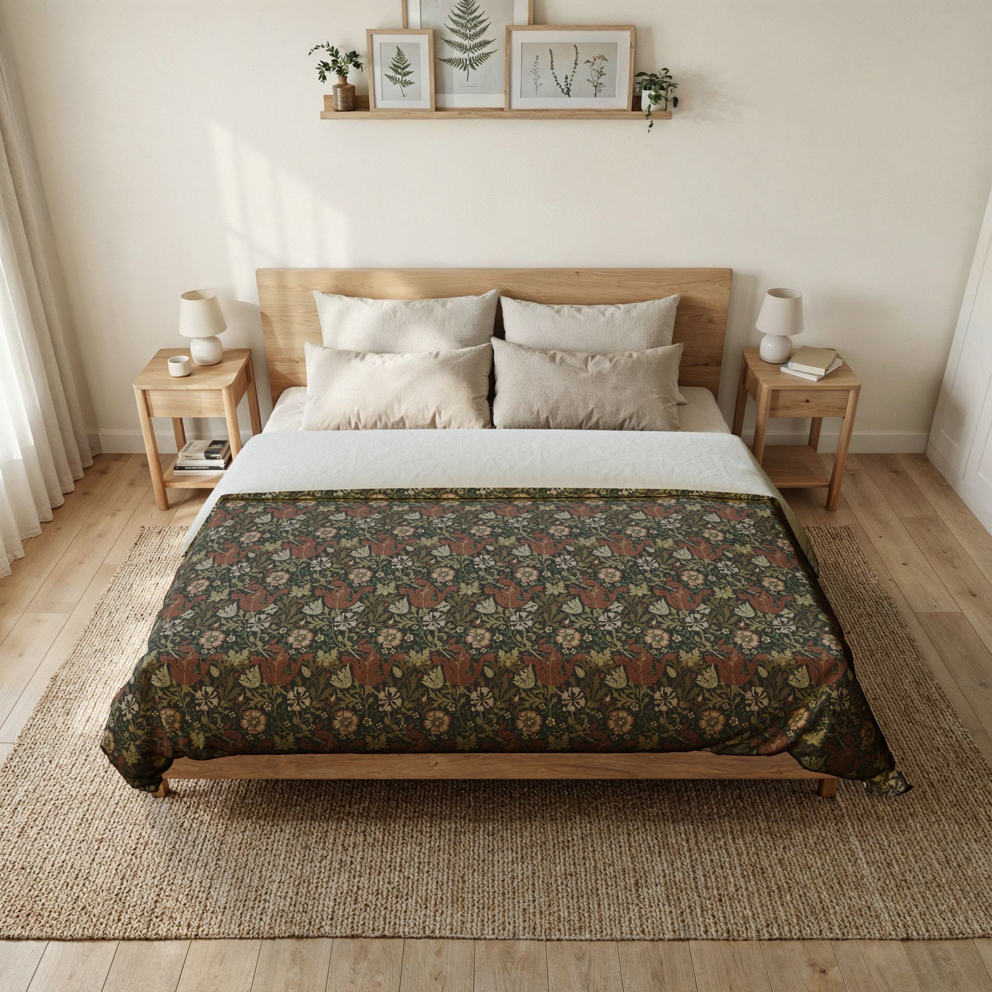 Bedroom with floral-patterned comforter on a bed, wooden headboard, and side tables.