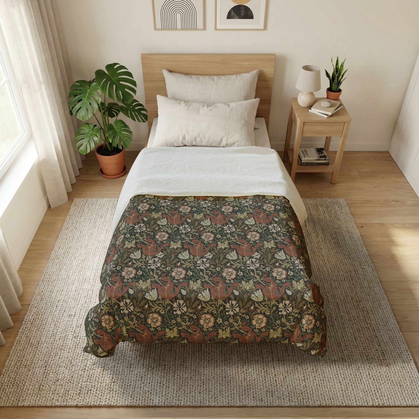 Bedroom with floral bedspread, wooden nightstand, and plants