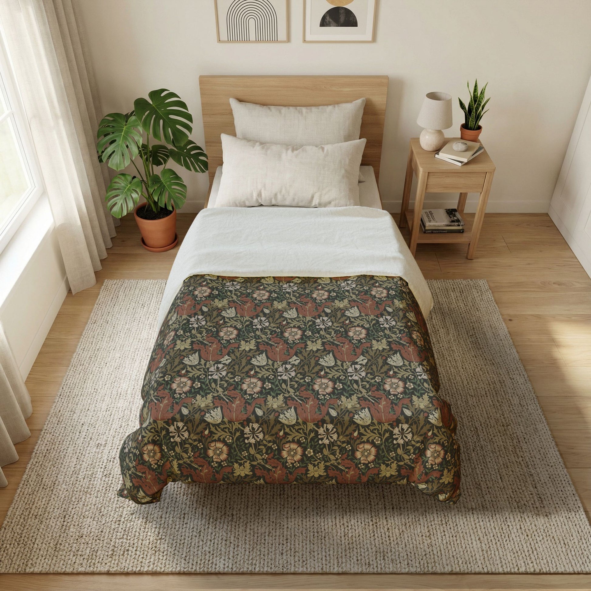 Bedroom with floral bedspread, wooden nightstand, and plants