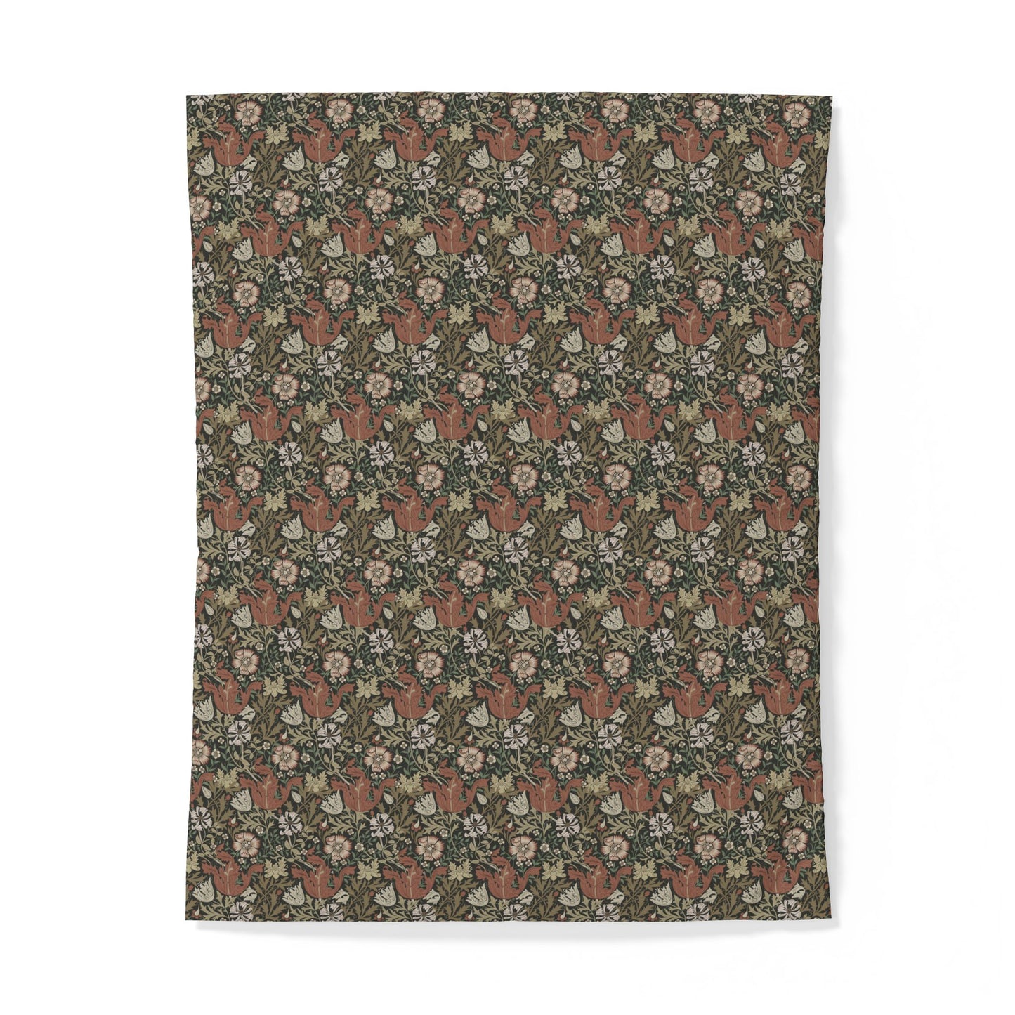 Floral patterned fabric swatch with foxes on a green background