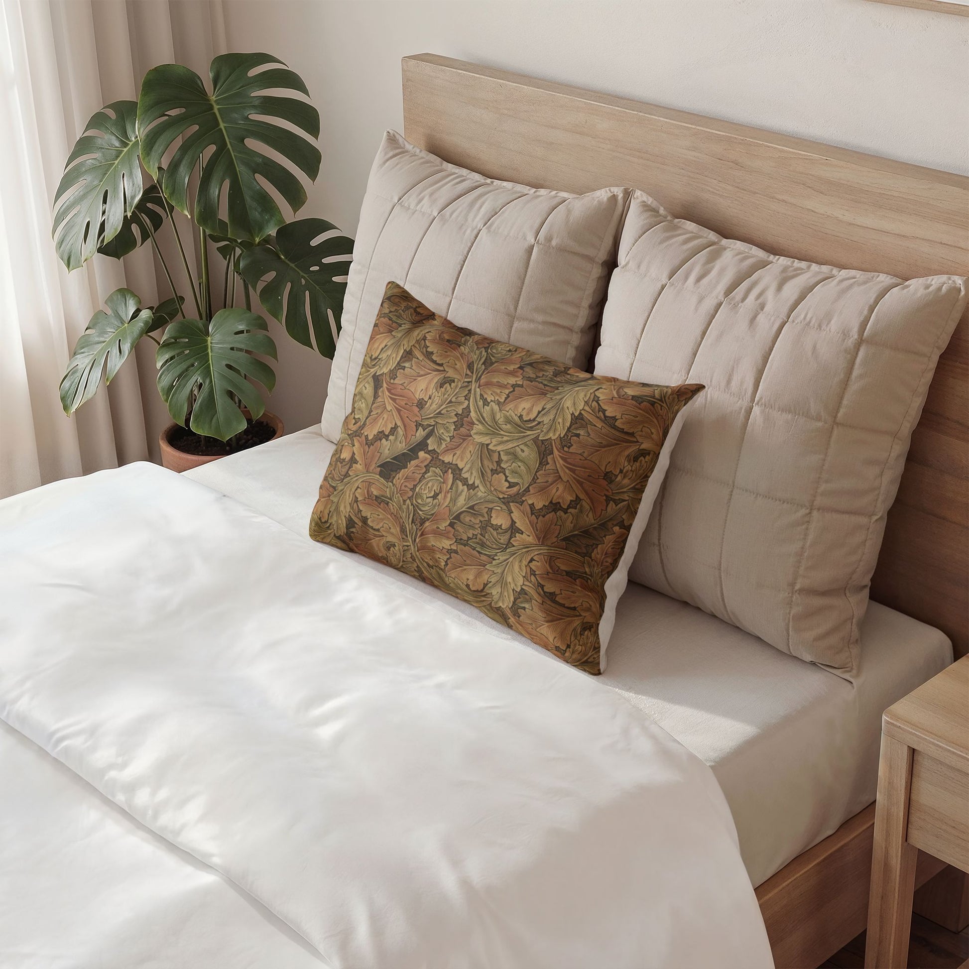 Neatly made bed with decorative pillows and a plant in the corner