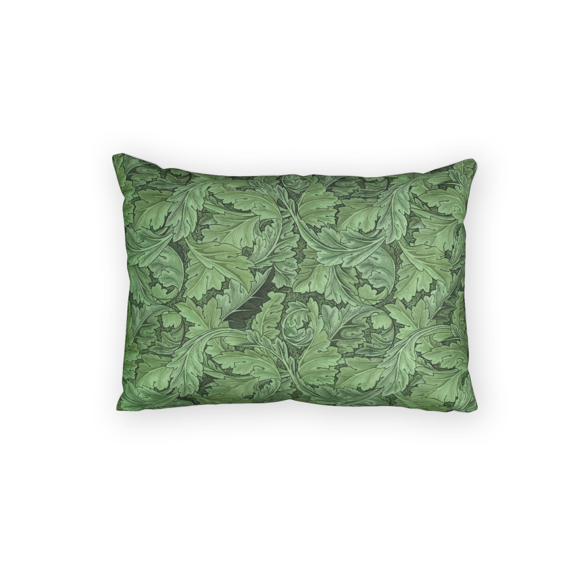 Green leaf-patterned pillow on a white background