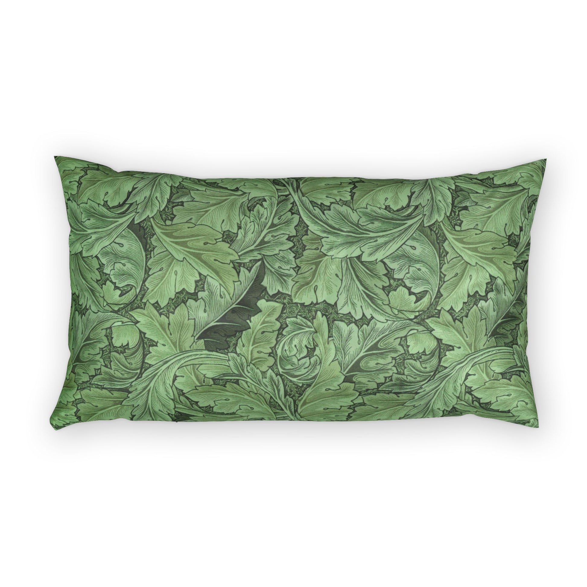 Green leaf patterned pillow on a white background