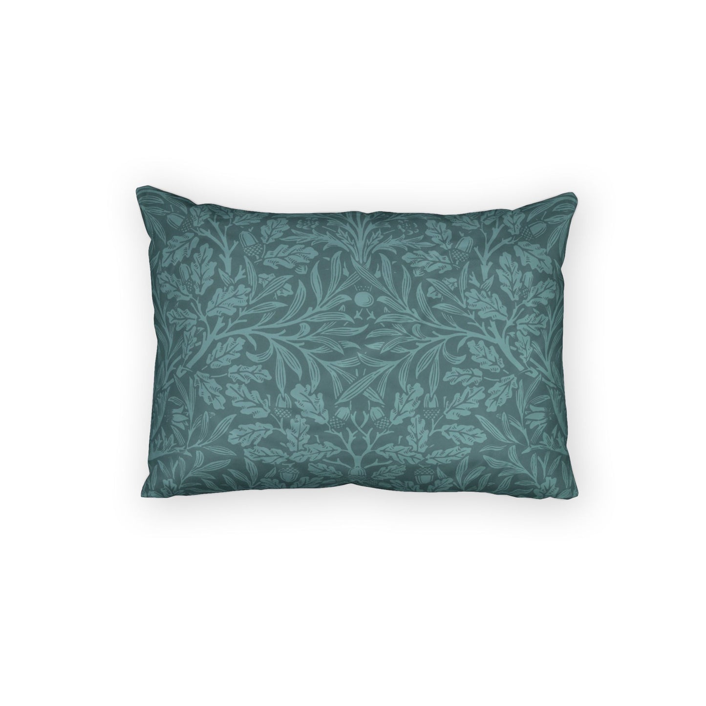 Teal patterned pillow on a white background