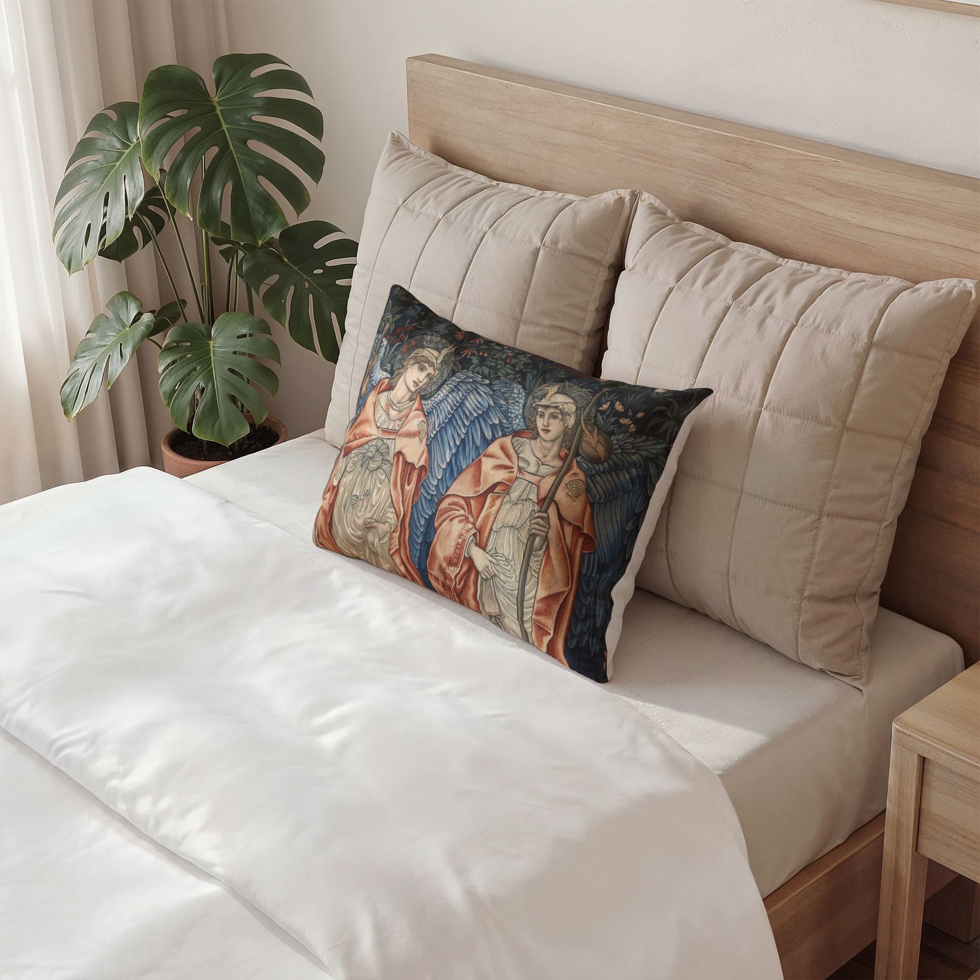 Decorative pillow with religious design on a bed in a bedroom setting