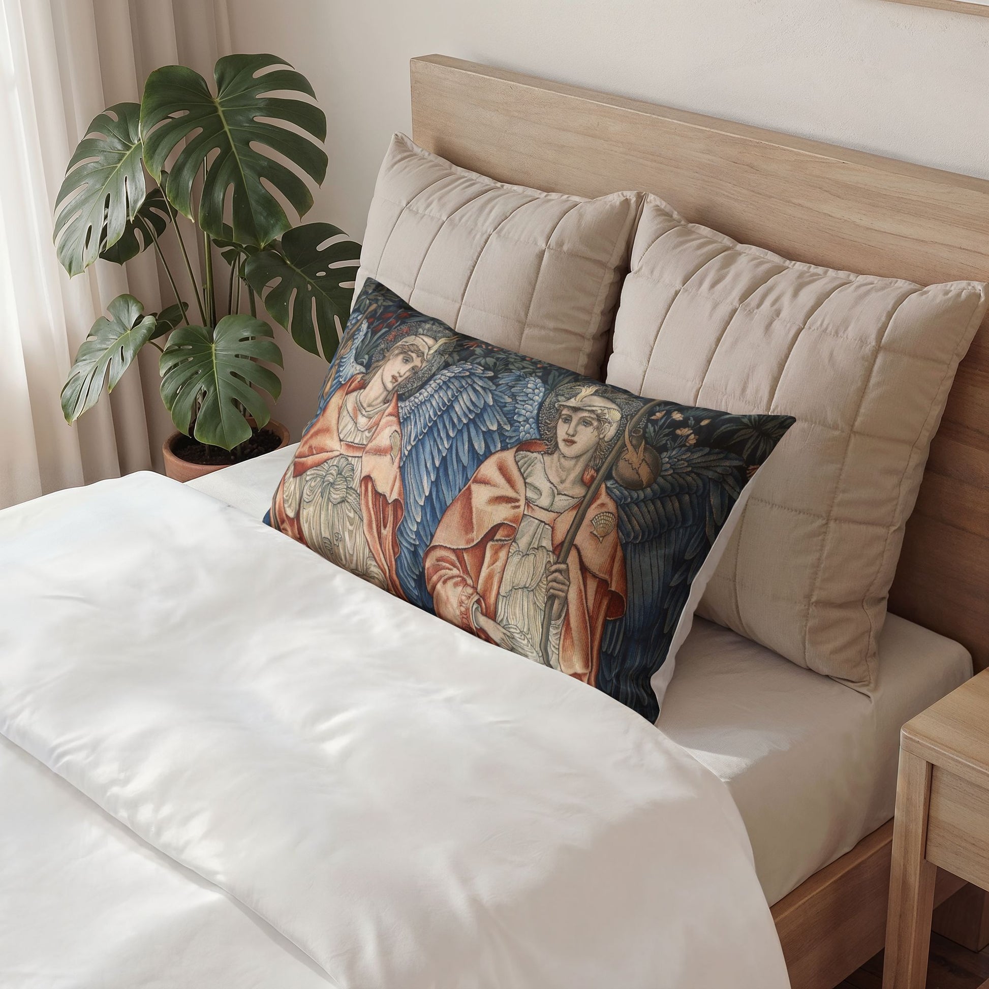 Decorative pillow with classical design on a bed in a bedroom setting