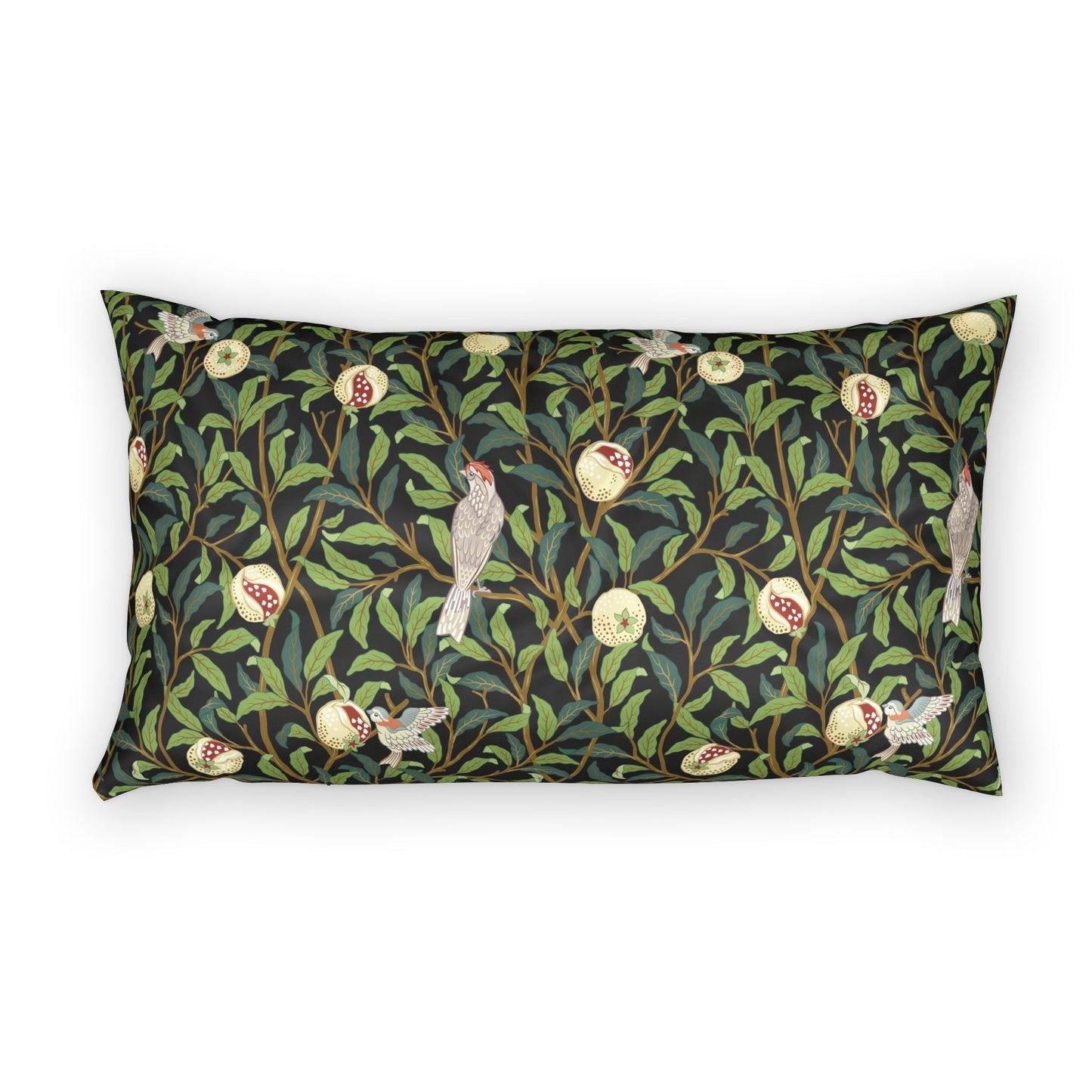 Decorative pillow with nature-themed pattern on a white background
