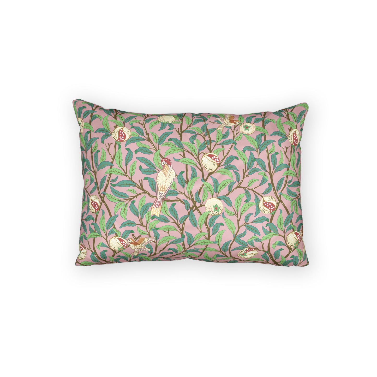 Decorative pillow with floral and bird pattern on a white background