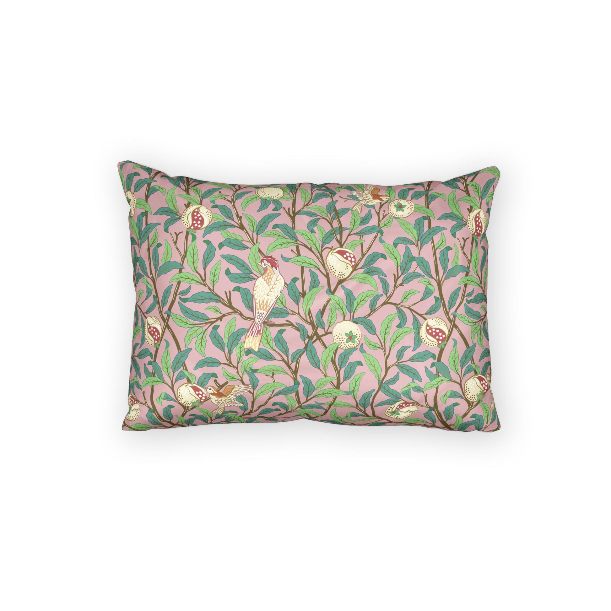 Decorative pillow with floral and bird pattern on a white background