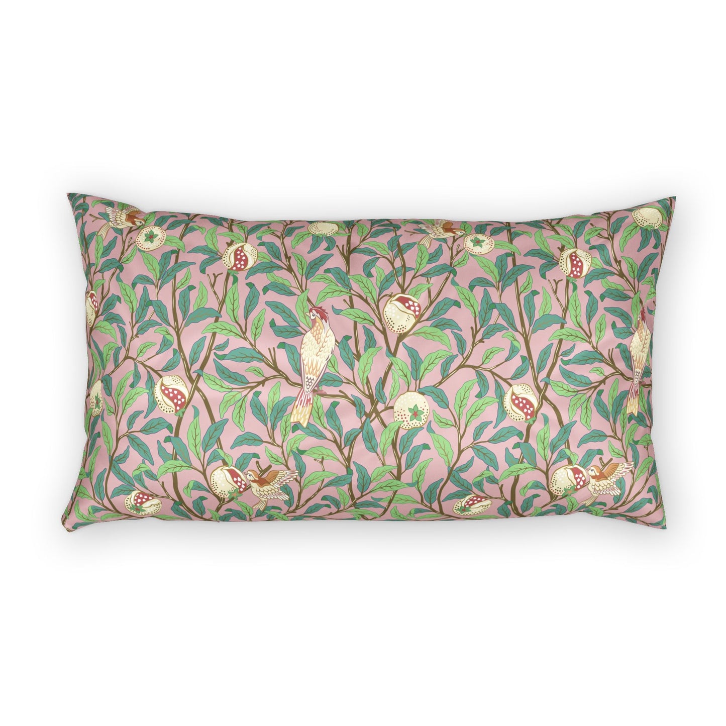 Decorative pillow with a floral and bird pattern on a white background