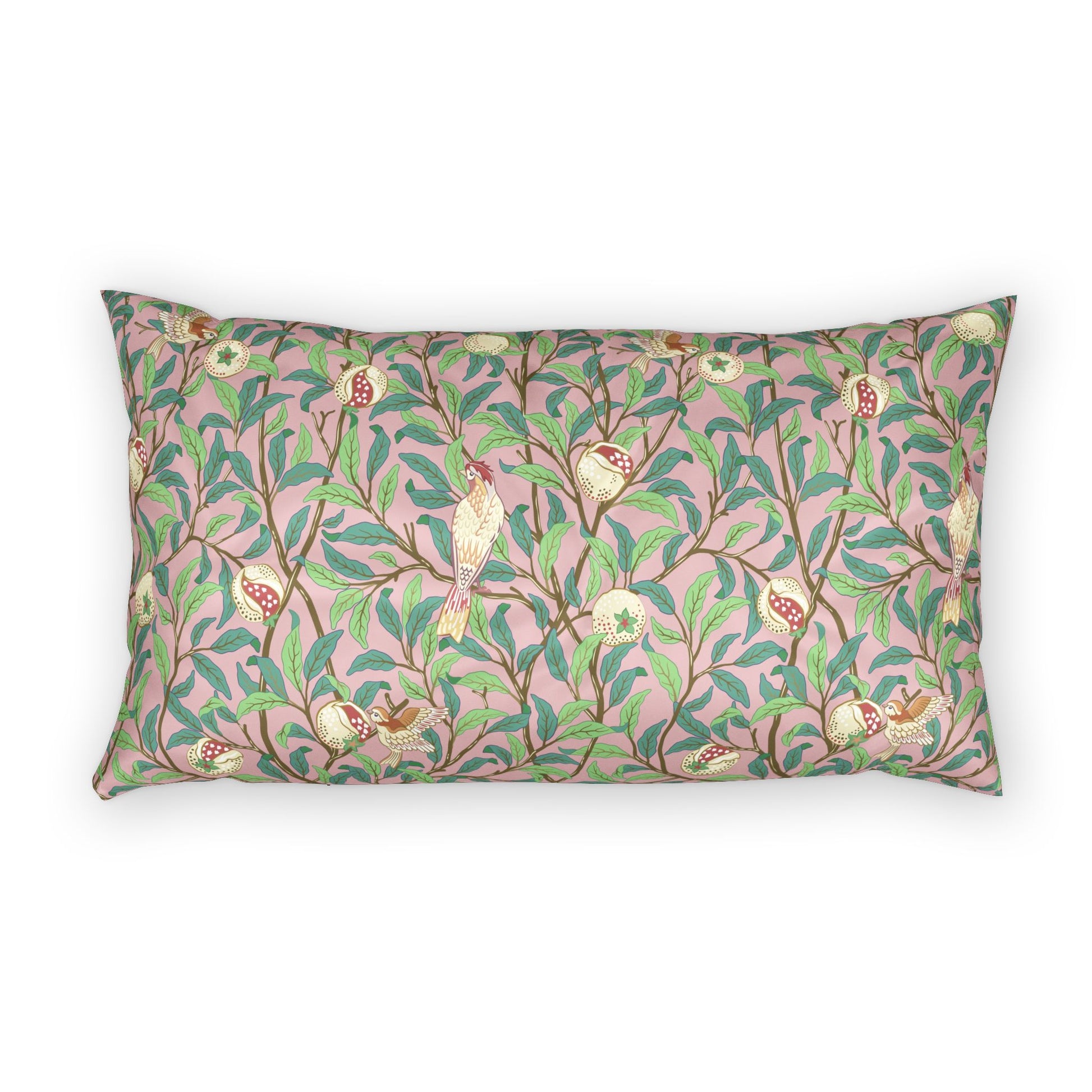 Decorative pillow with a floral and bird pattern on a white background