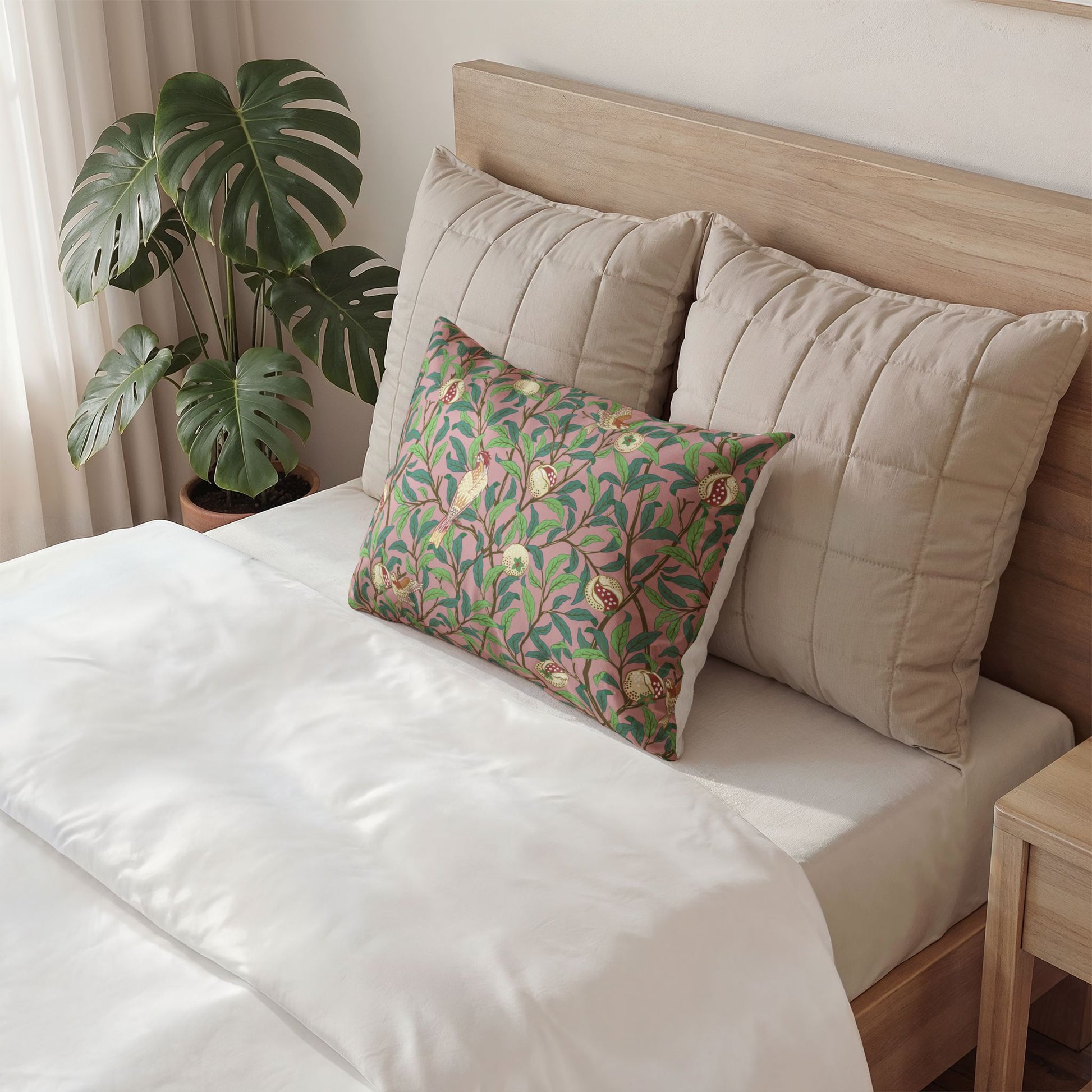 Neatly made bed with decorative pillows and a plant in the background