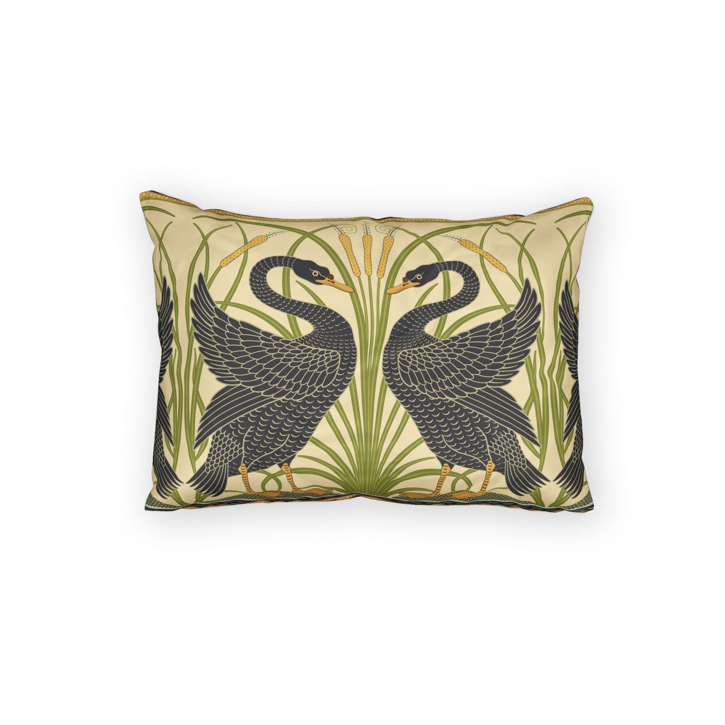 Decorative pillow with black swan design on a beige background