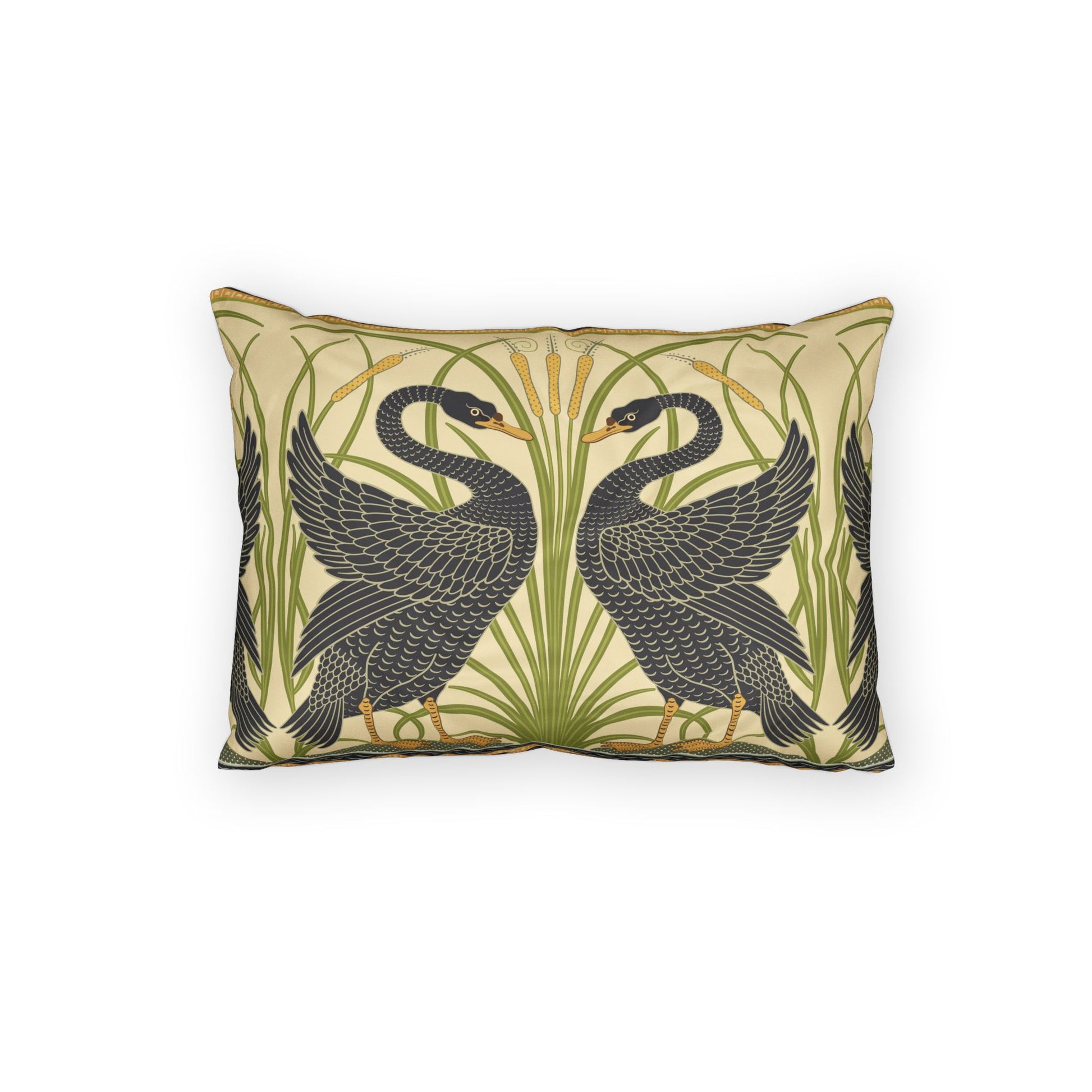 Decorative pillow with black swan design on a beige background