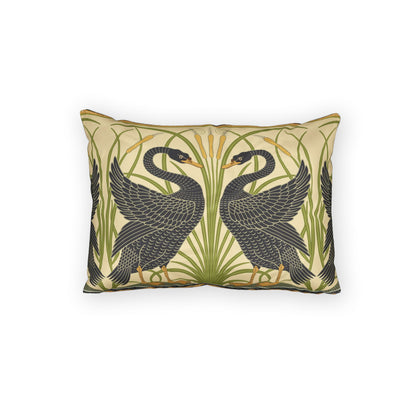 Decorative pillow with black swan design on a beige background