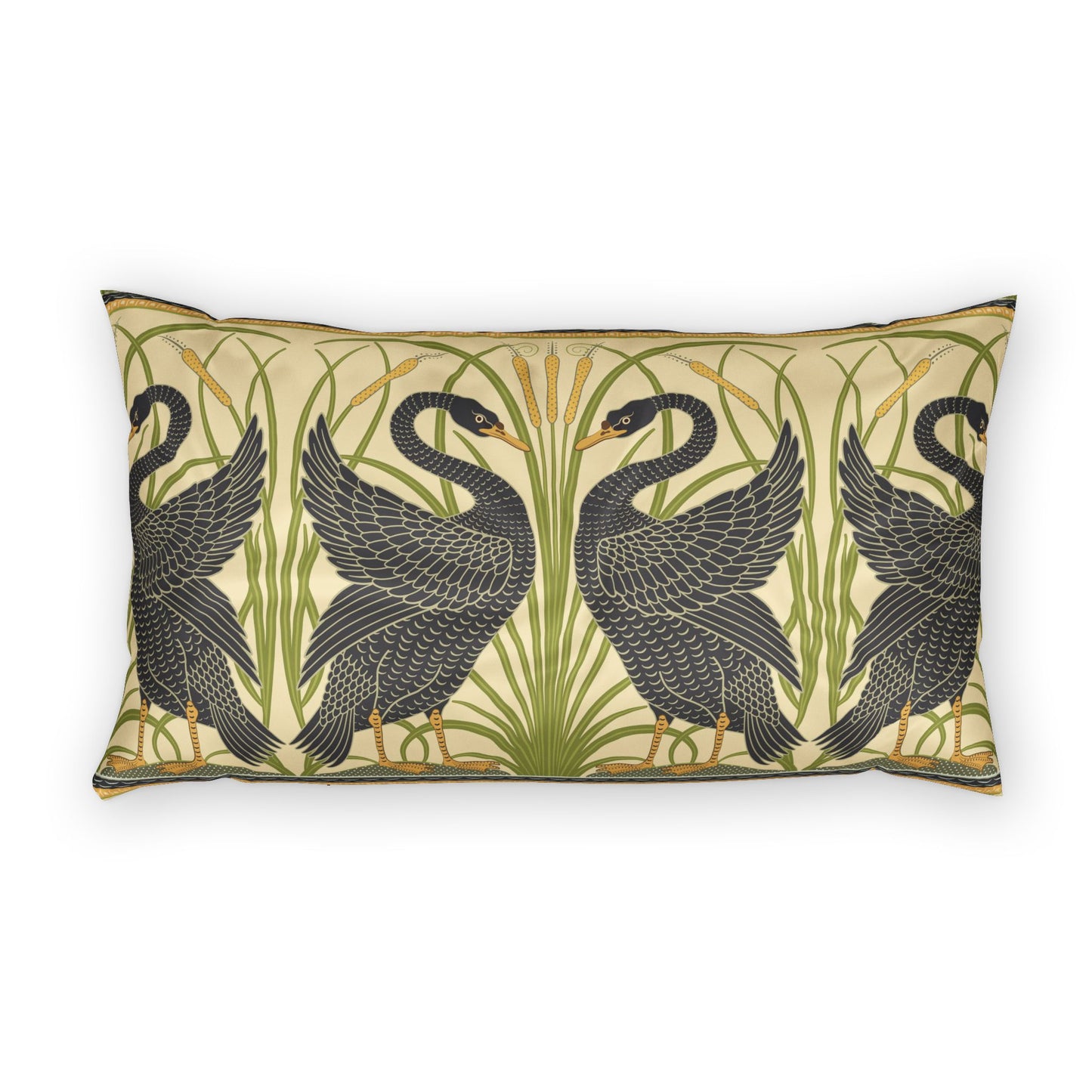 Decorative pillow with black swan design on a beige background
