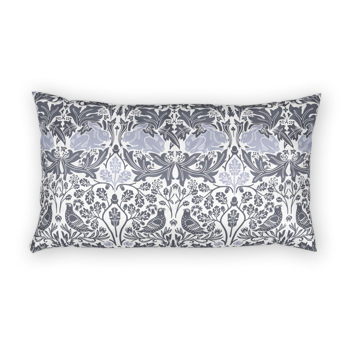 Decorative pillow with floral and bird pattern on a white background