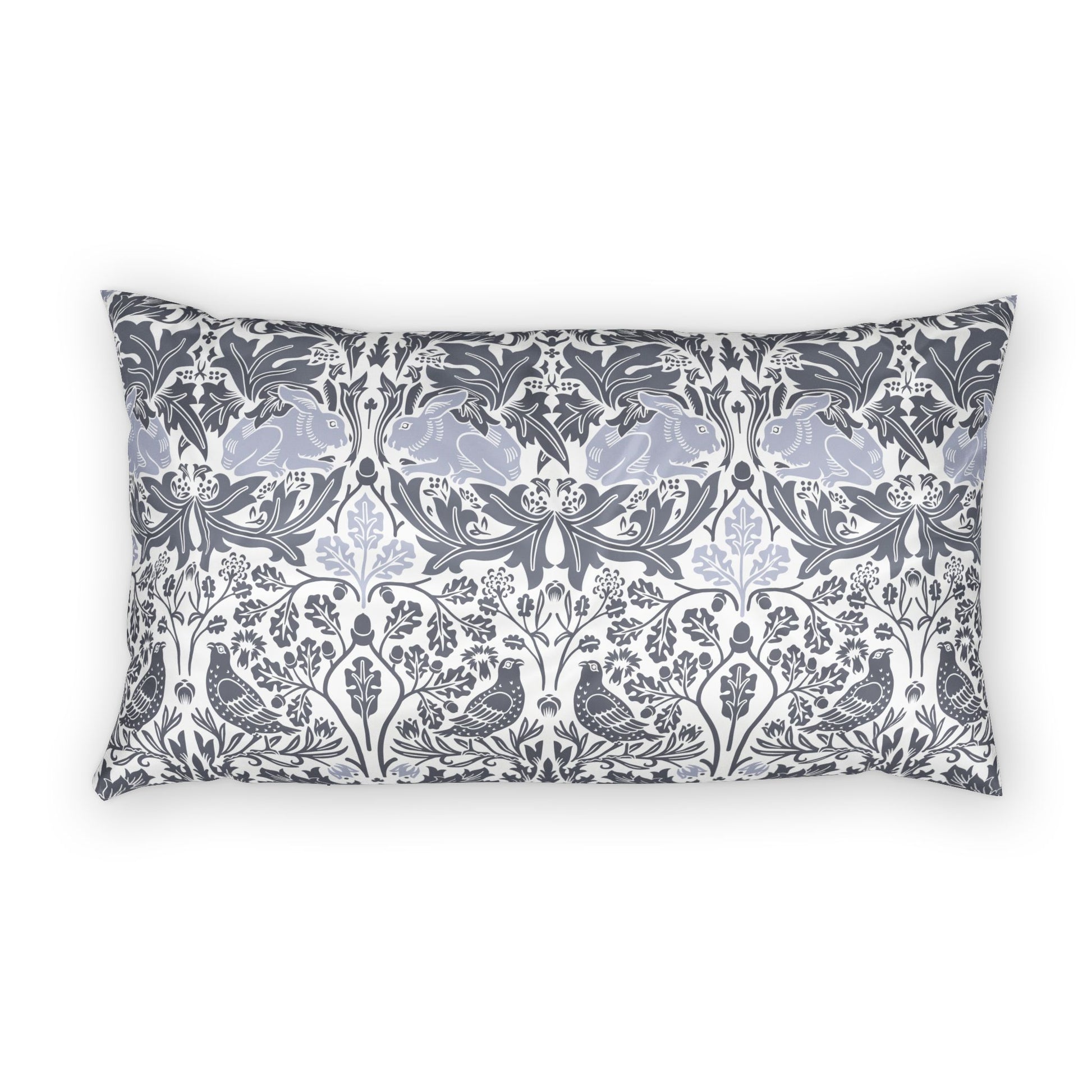Decorative pillow with floral and bird pattern on a white background