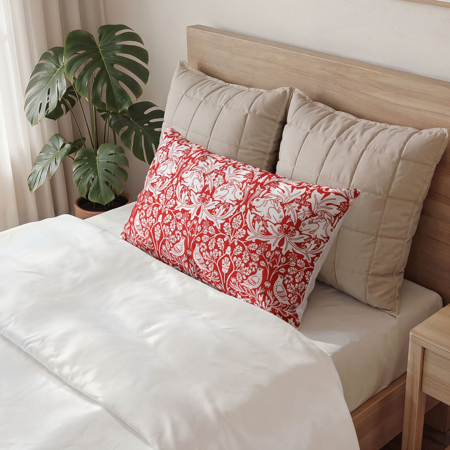 Neatly made bed with a red floral pillow and beige pillows, next to a plant.