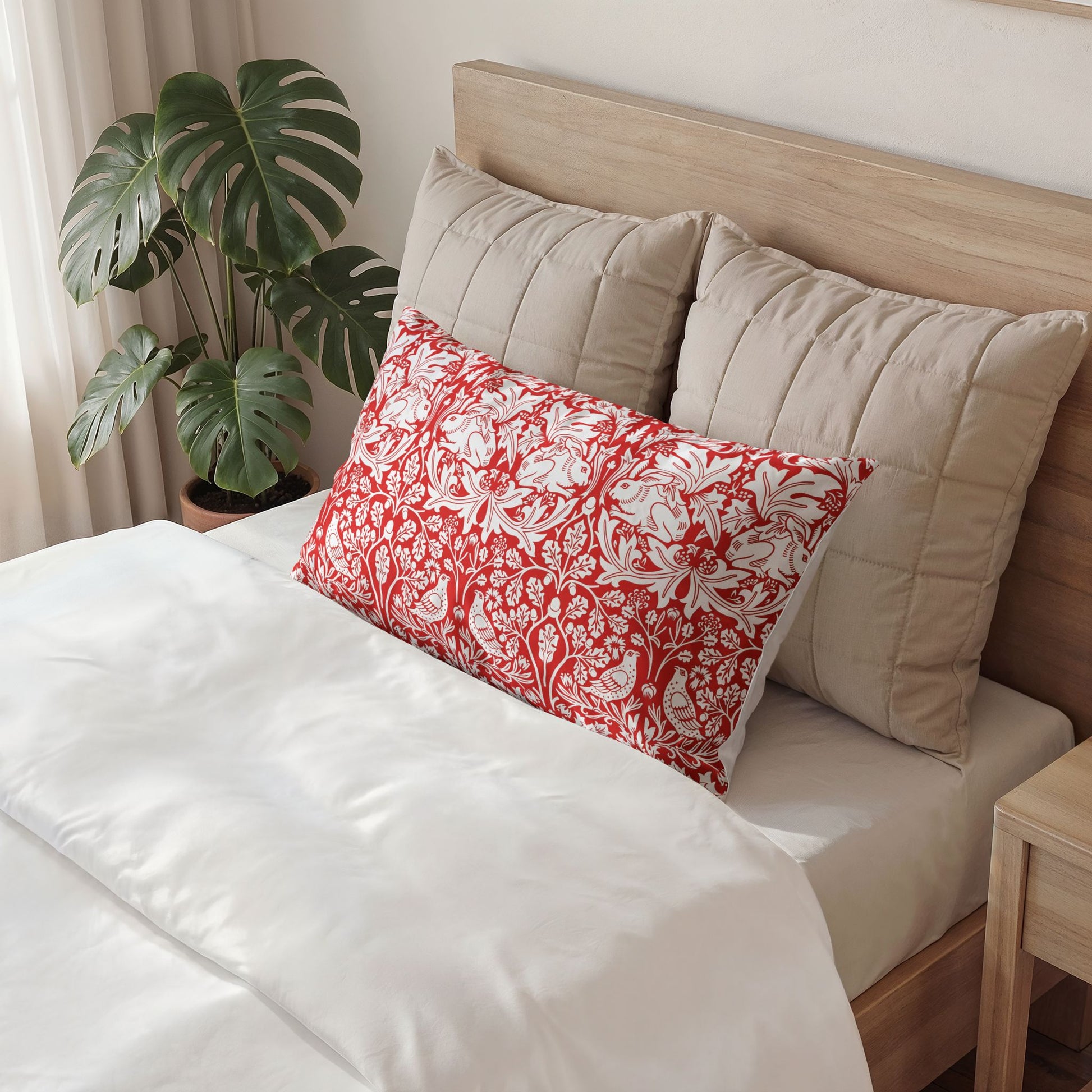 Neatly made bed with a red floral pillow and beige pillows, next to a plant.