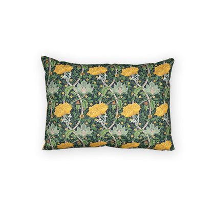 A rectangular decorative throw pillow featuring a classic William Morris-style floral and botanical pattern in dark green, yellow, and light gray-green, shown against a plain white background.