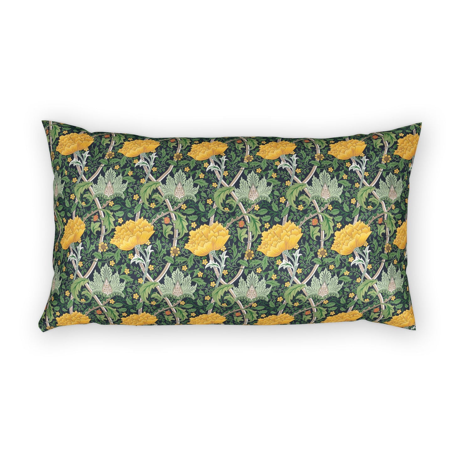 A rectangular lumbar pillow featuring a classic William Morris-style floral pattern with yellow flowers, green leaves, and winding vines on a dark green background, shown against a plain white studio backdrop.