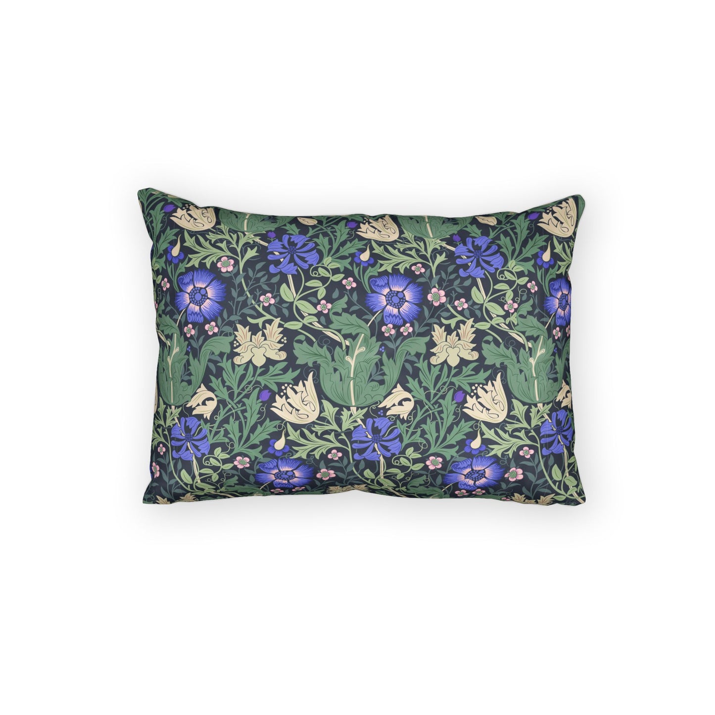 A rectangular decorative throw pillow featuring a dense floral and botanical pattern with blue-purple flowers, green leaves, and cream butterfly motifs on a dark background, shown against a plain white studio backdrop.