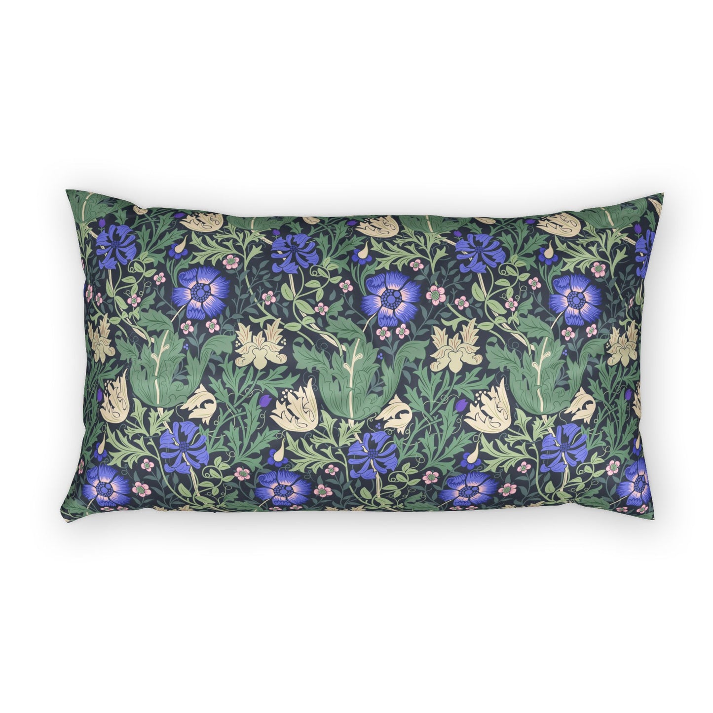 A rectangular lumbar pillow featuring a dense floral pattern with blue flowers, green leaves, and cream-colored blossoms on a dark background, shown against a plain white studio backdrop.