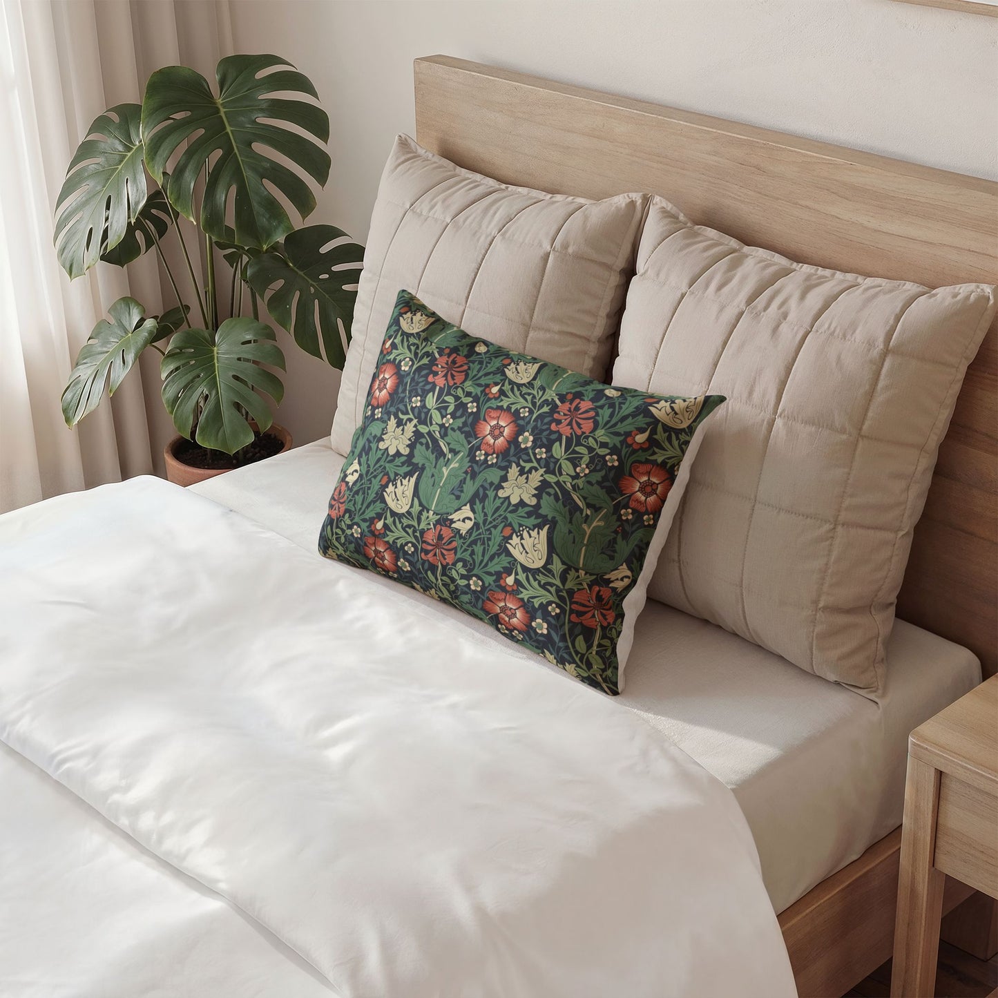 A styled bed with white bedding, two large beige quilted pillows, and a smaller rectangular decorative throw pillow featuring a vintage-style floral pattern in green, red, and cream. A wooden headboard and a potted monstera plant are visible in a softly lit bedroom setting.