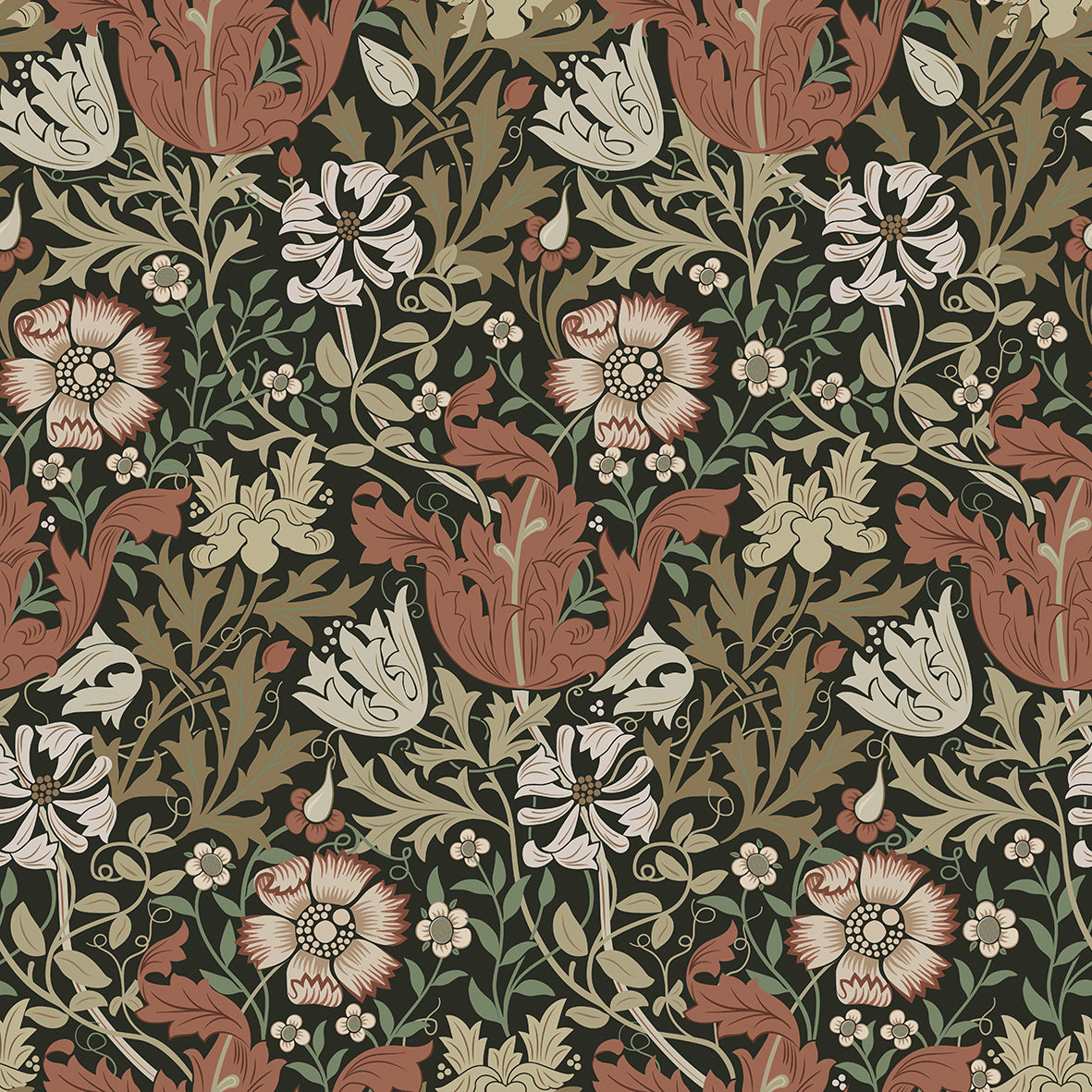 Patterned fabric with floral and leaf designs in brown, green, and beige.
