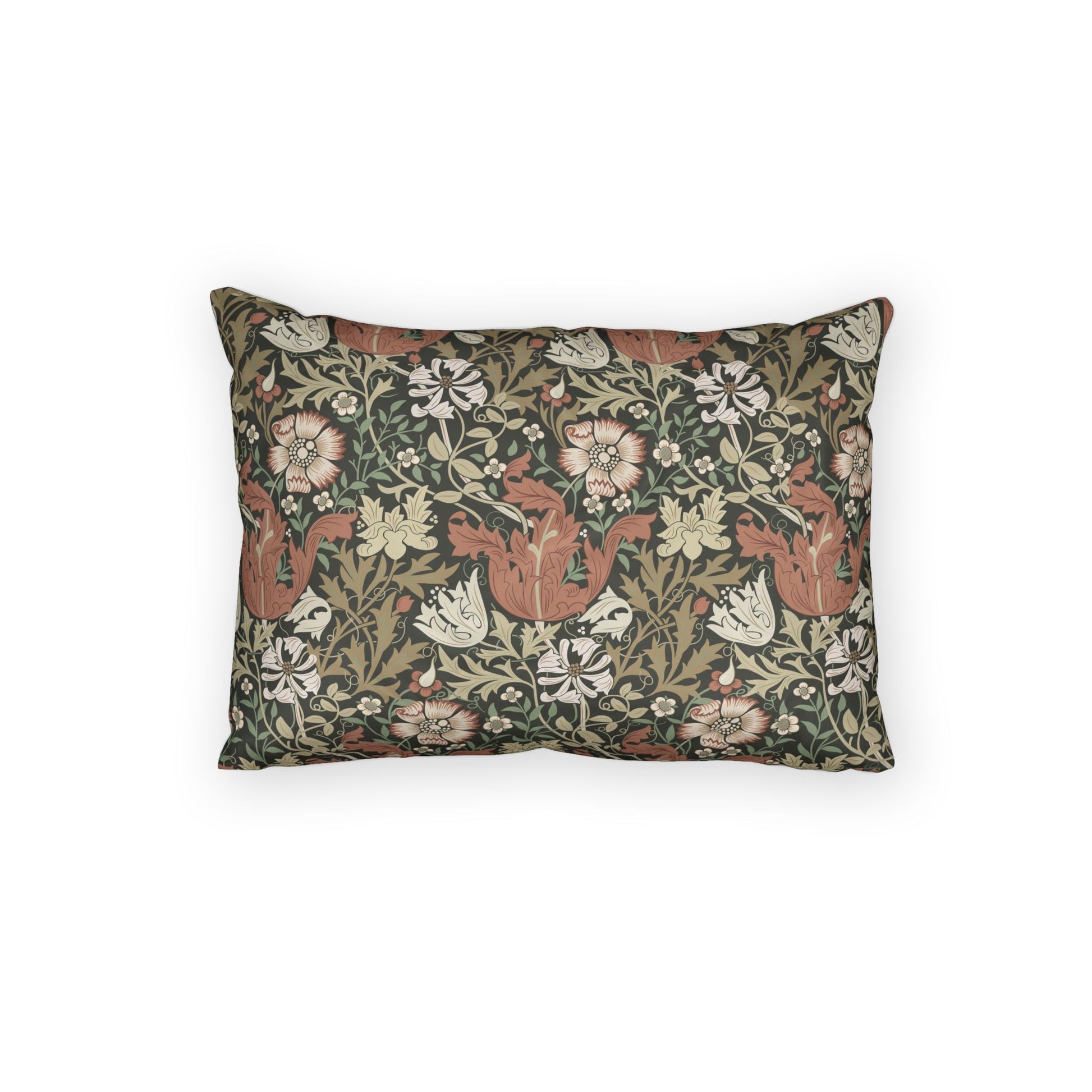 A rectangular decorative throw pillow featuring a dense, vintage-style floral and botanical pattern with terracotta birds, cream flowers, and green foliage on a dark olive background.