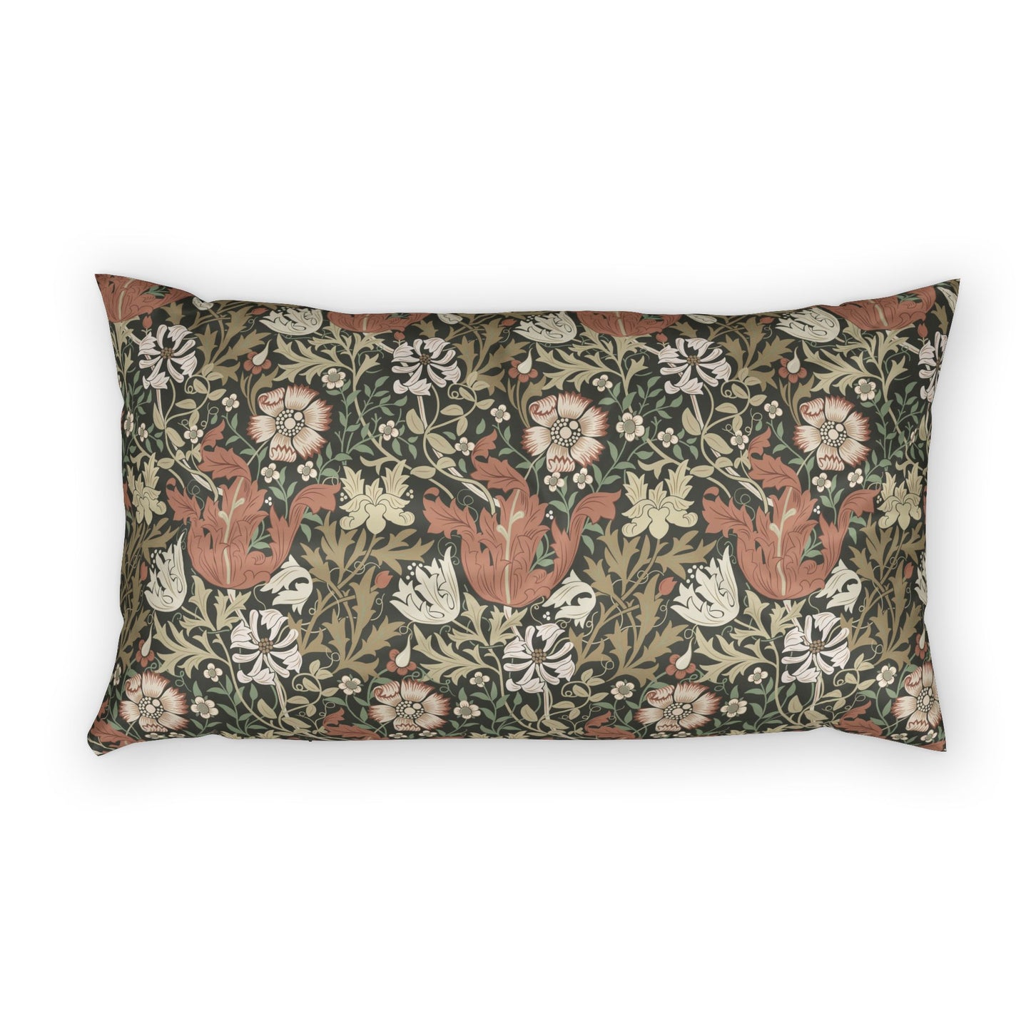 A rectangular lumbar throw pillow featuring a classic William Morris-style floral and botanical pattern in muted olive green, terracotta, cream, and beige tones, shown against a plain white background.