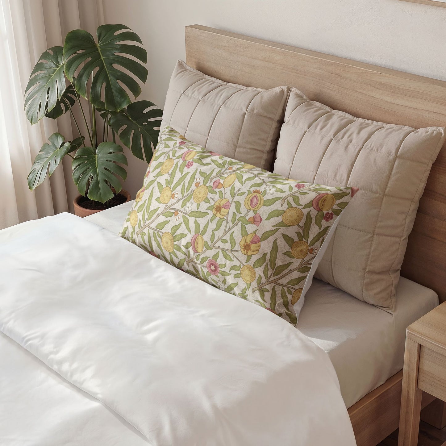 A decorative rectangular throw pillow with a yellow and green floral pattern rests on a bed with white bedding and beige pillows, next to a potted monstera plant.