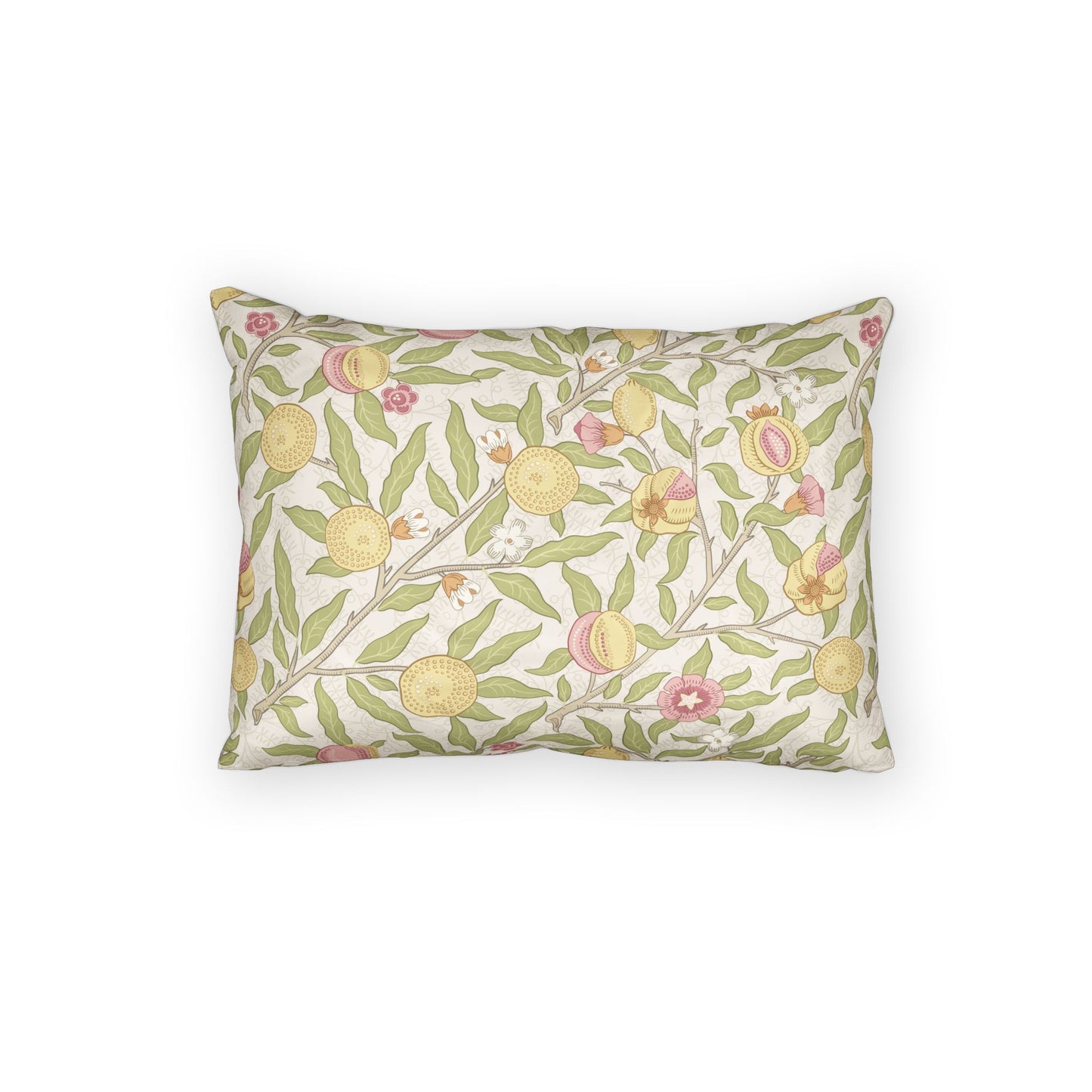 A rectangular decorative throw pillow featuring a vintage botanical pattern of pomegranates, leaves, and small flowers on an off-white background, shown against a plain white studio backdrop.