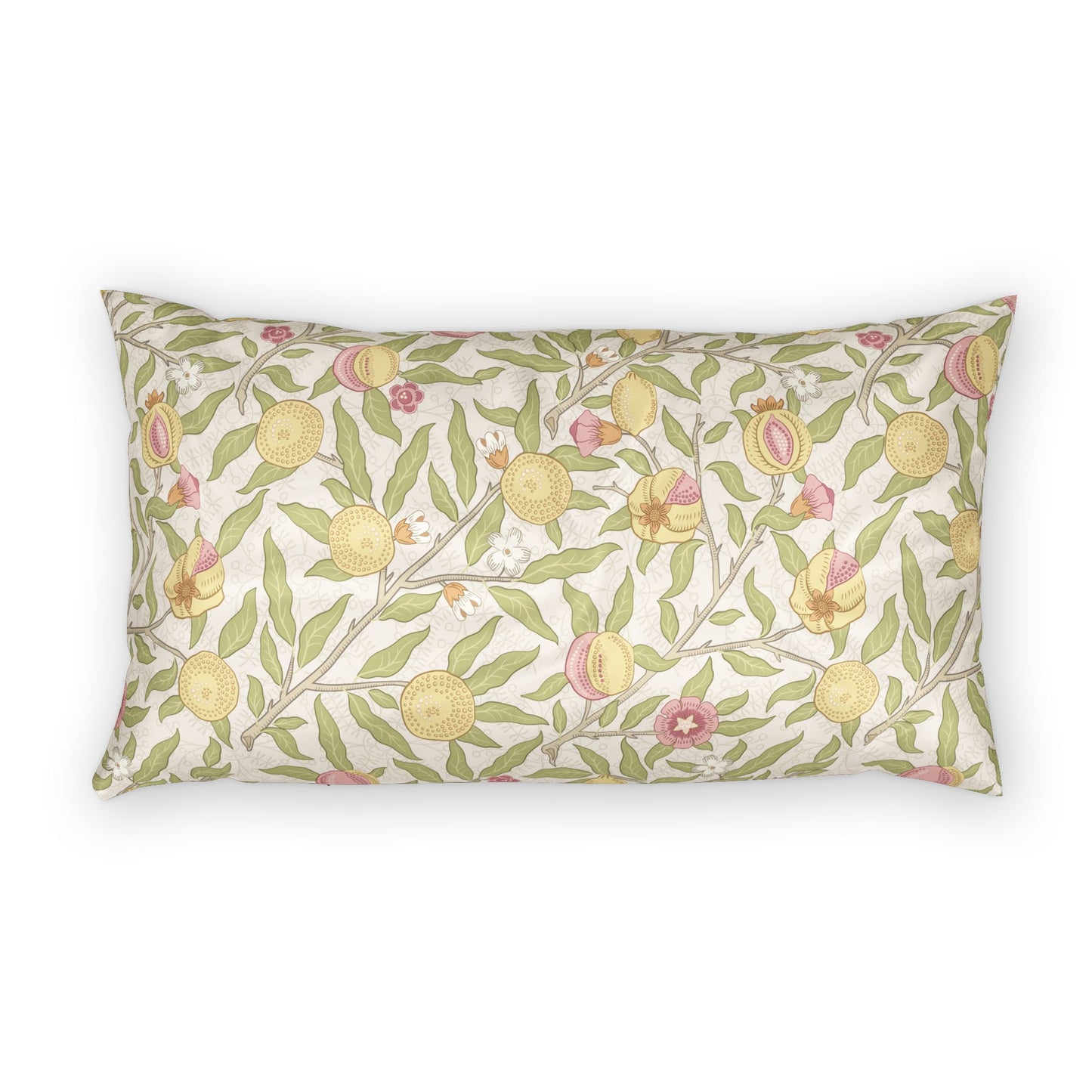 A rectangular throw pillow featuring a vintage botanical pattern of pomegranates, leaves, and flowers on a cream background, shown against a plain white studio backdrop.