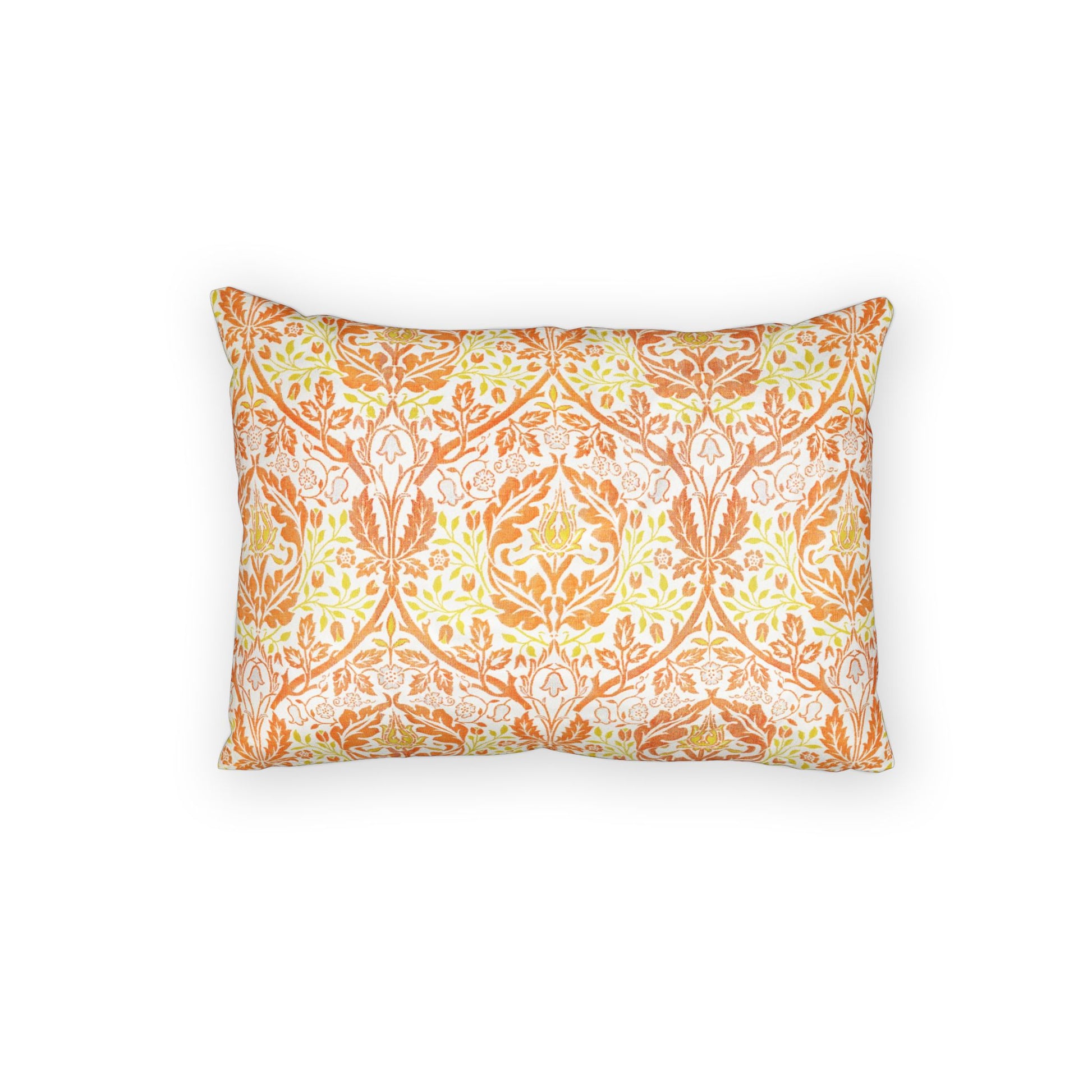 A rectangular throw pillow featuring an intricate damask-style botanical pattern in orange, yellow, and white, set against a plain white background.