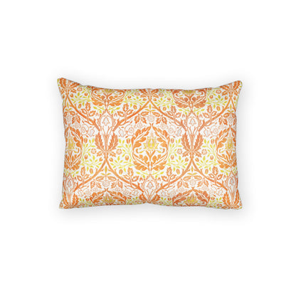 A rectangular throw pillow featuring an intricate damask-style botanical pattern in orange, yellow, and white, set against a plain white background.