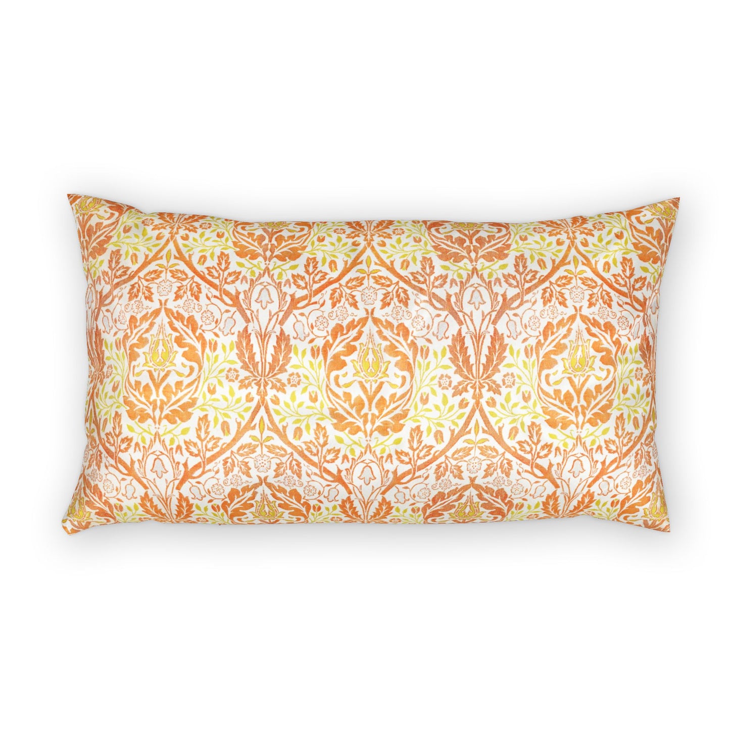 A rectangular lumbar throw pillow featuring an intricate damask-style floral pattern in orange, yellow, and white, set against a plain white background.