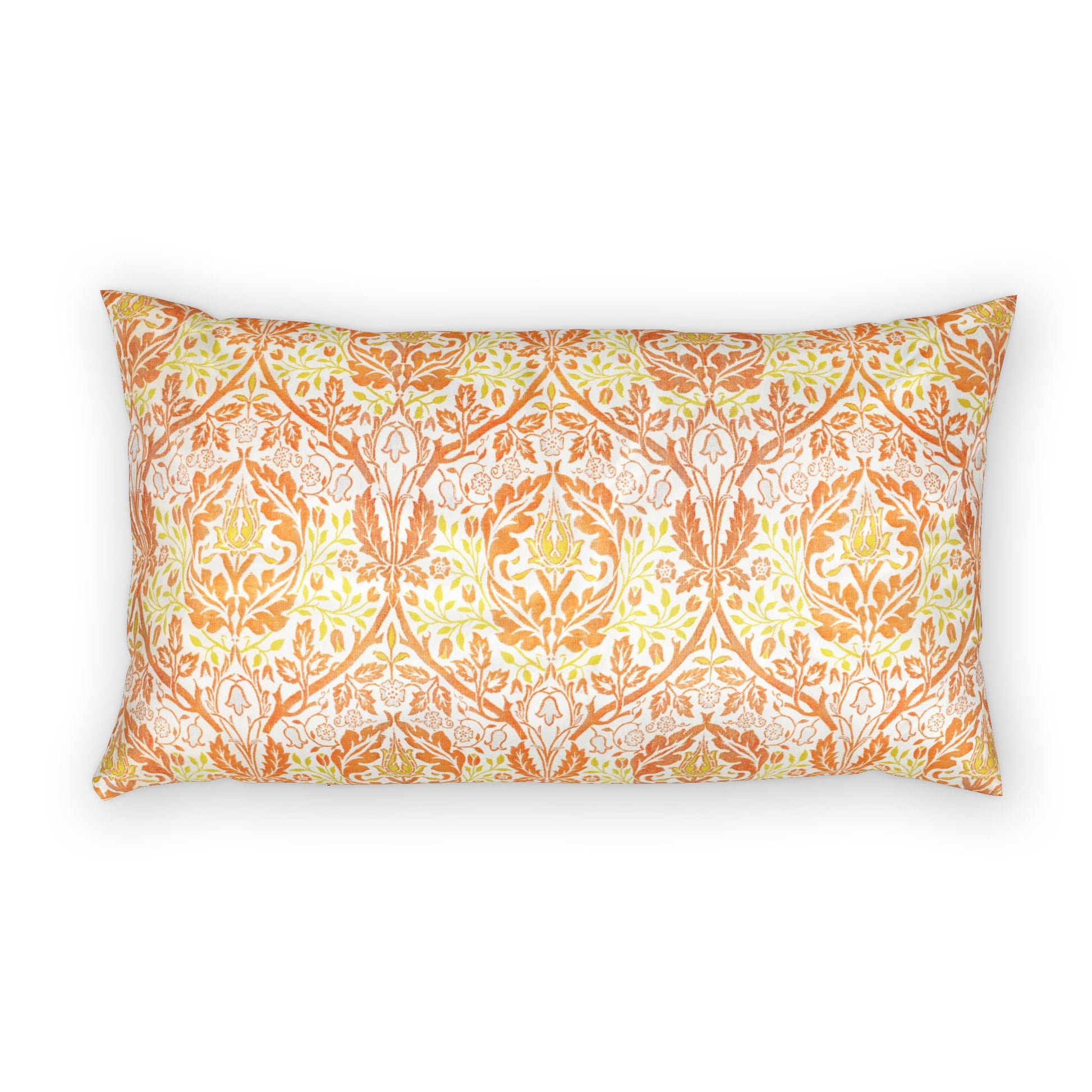 A rectangular lumbar throw pillow featuring an intricate damask-style floral pattern in orange, yellow, and white, set against a plain white background.